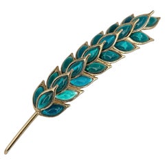 1980s Vintage Yves Saint Laurent YSL Gold Tone Bluish Green Wheat Pin Brooch