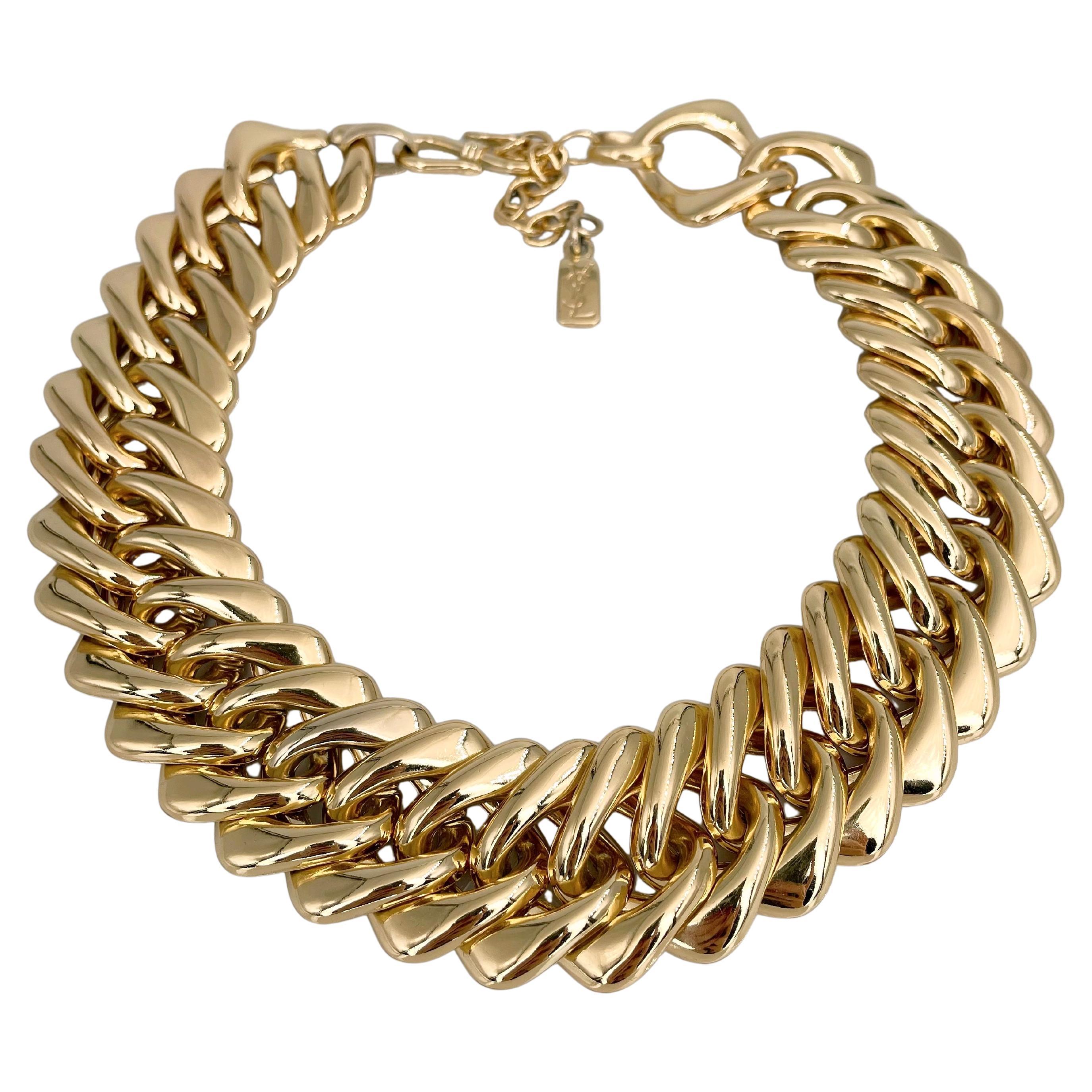 1980s Vintage Yves Saint Laurent YSL Gold Tone Chain Collier Necklace