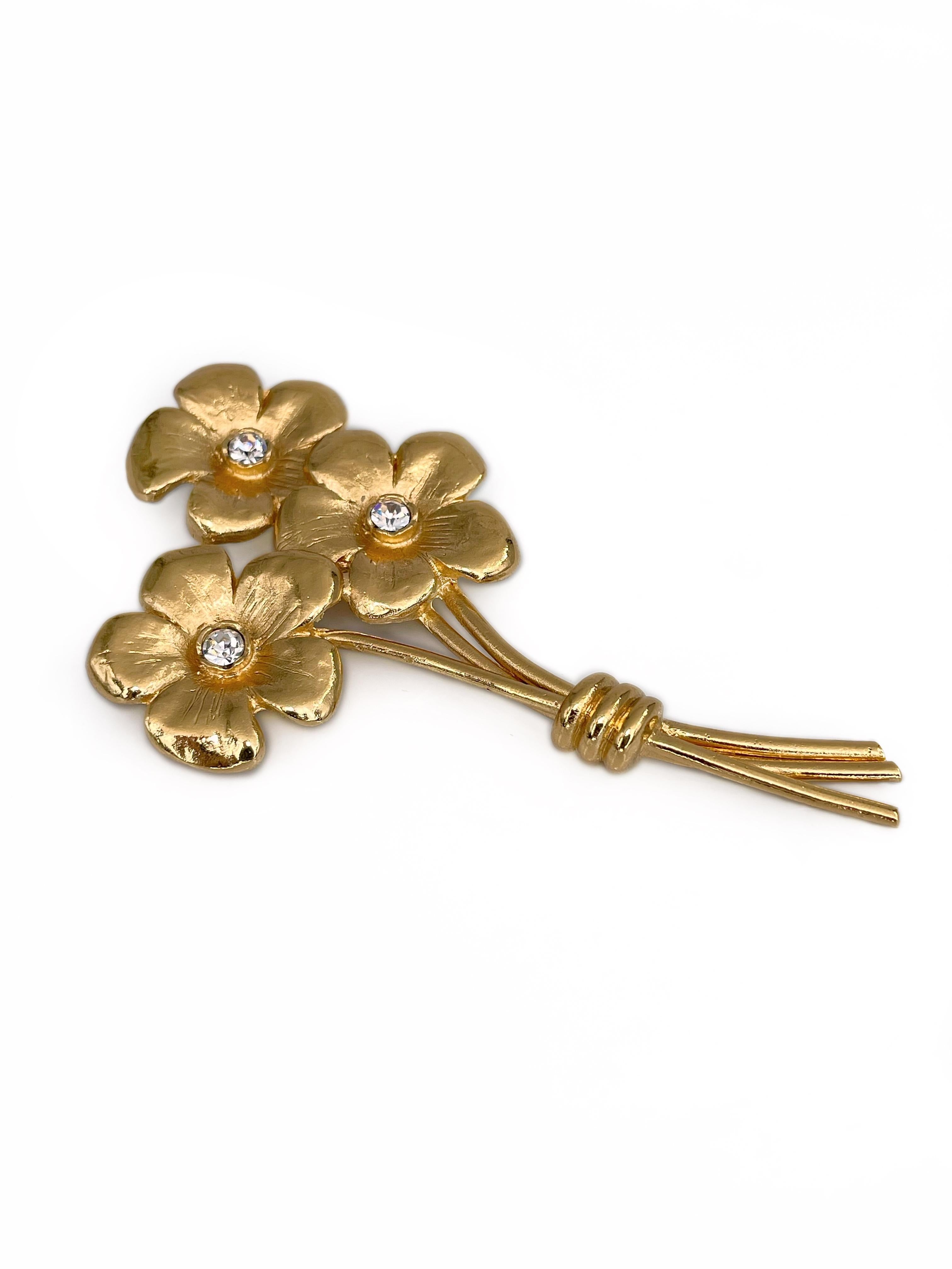 Modern 1980s Vintage Yves Saint Laurent YSL Gold Tone Flower Bouquet Pin Brooch