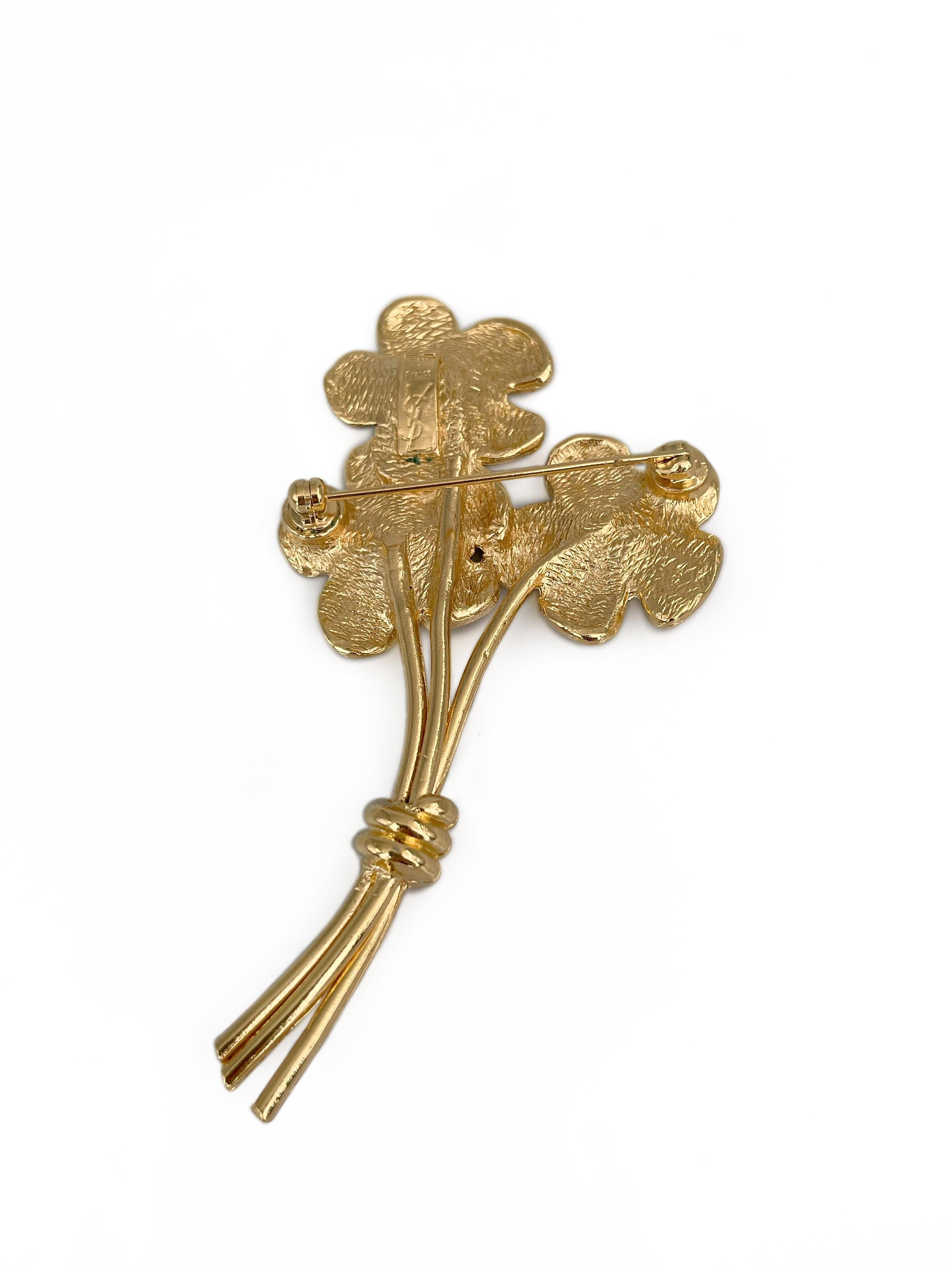 1980s Vintage Yves Saint Laurent YSL Gold Tone Flower Bouquet Pin Brooch In Good Condition In Vilnius, Vilniaus apskr.