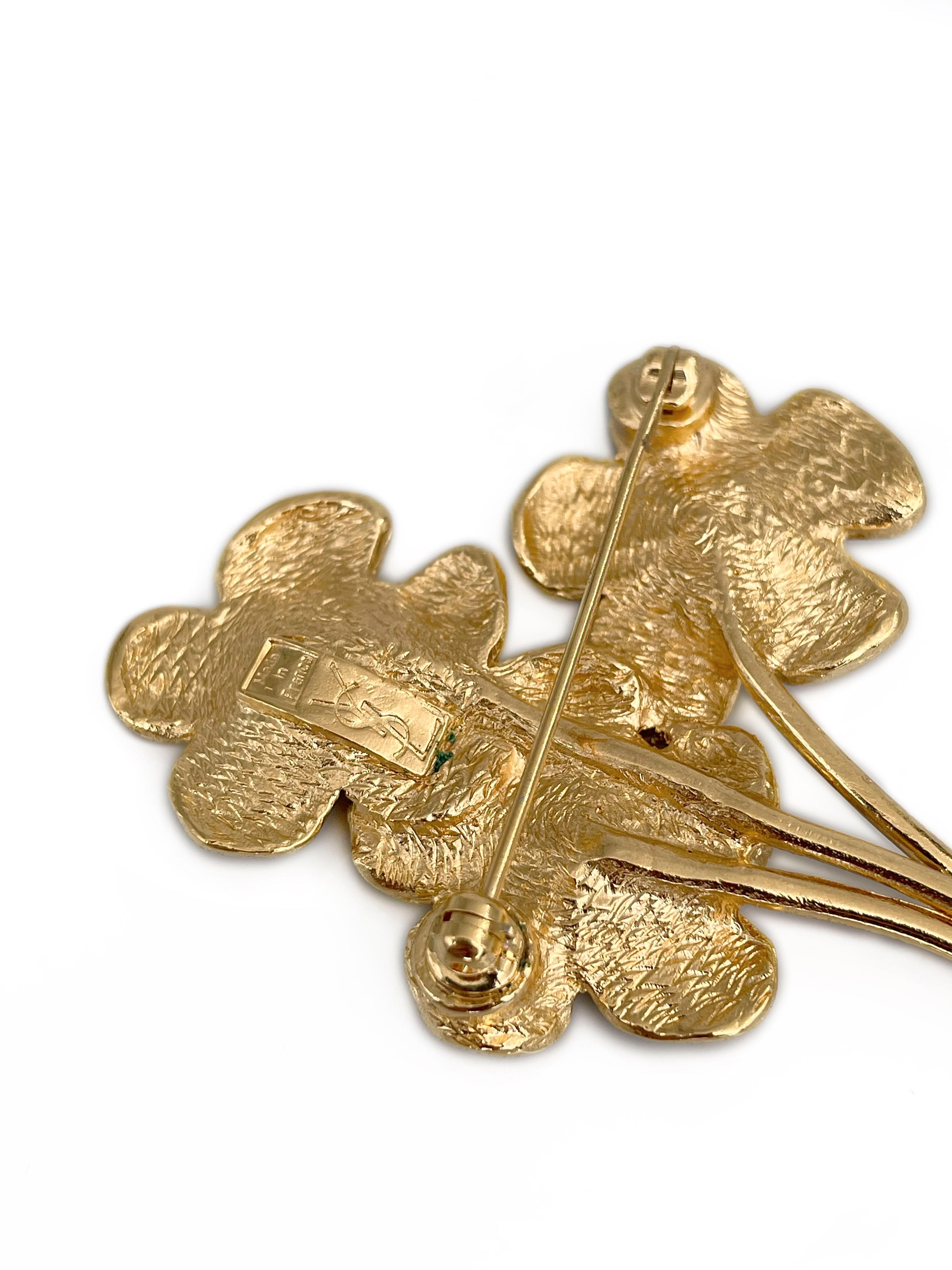 Women's 1980s Vintage Yves Saint Laurent YSL Gold Tone Flower Bouquet Pin Brooch