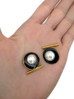 1980s Vintage Yves Saint Laurent YSL Gold Tone Pearl Enamel Chain Cufflinks