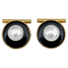 1980s Vintage Yves Saint Laurent YSL Gold Tone Pearl Enamel Chain Cufflinks