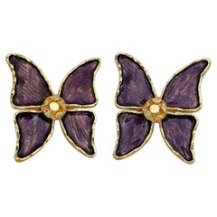 1980s Vintage Yves Saint Laurent YSL Gold Tone Purple Butterfly Clip on Earrings