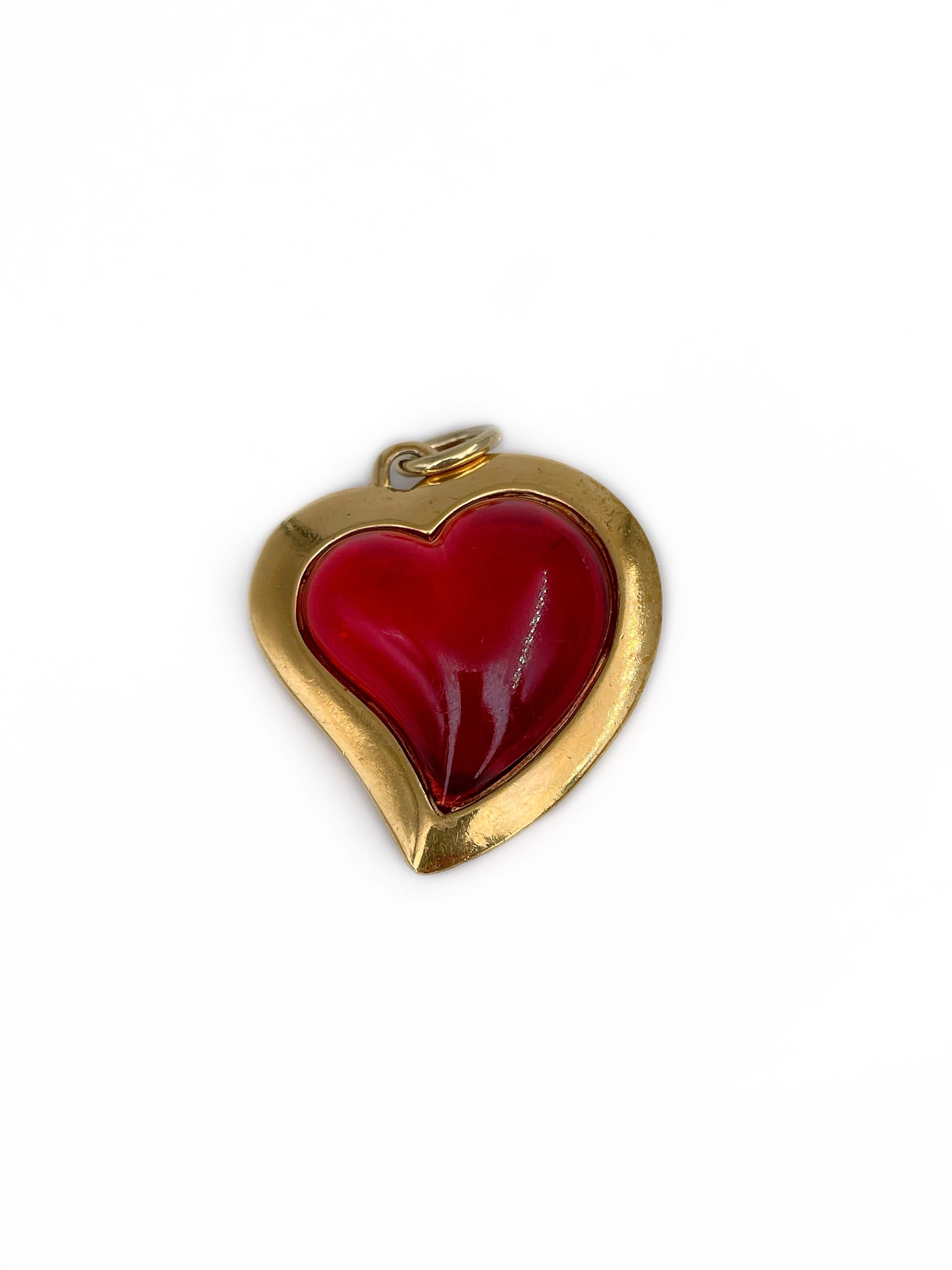 Modern 1980s Vintage Yves Saint Laurent YSL Gold Tone Red Glass Heart Pendant