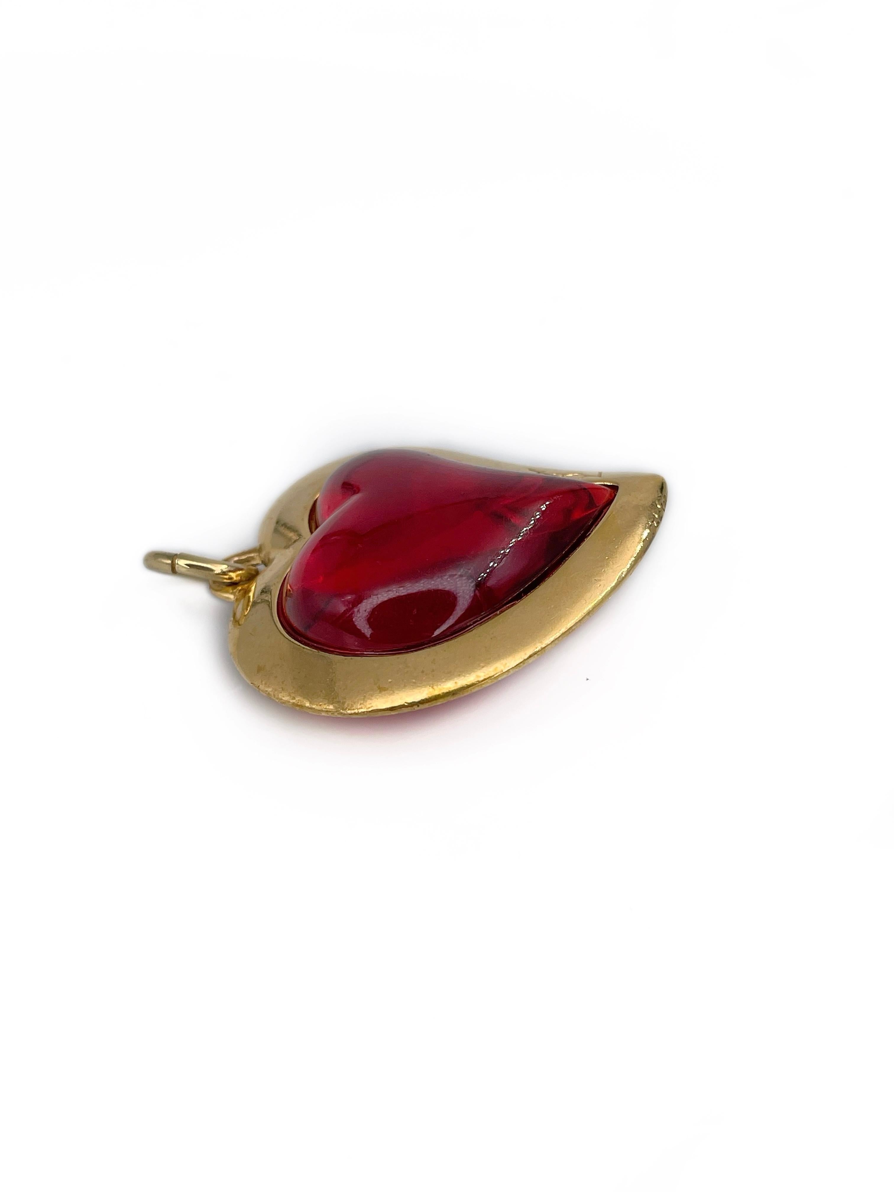 Women's 1980s Vintage Yves Saint Laurent YSL Gold Tone Red Glass Heart Pendant