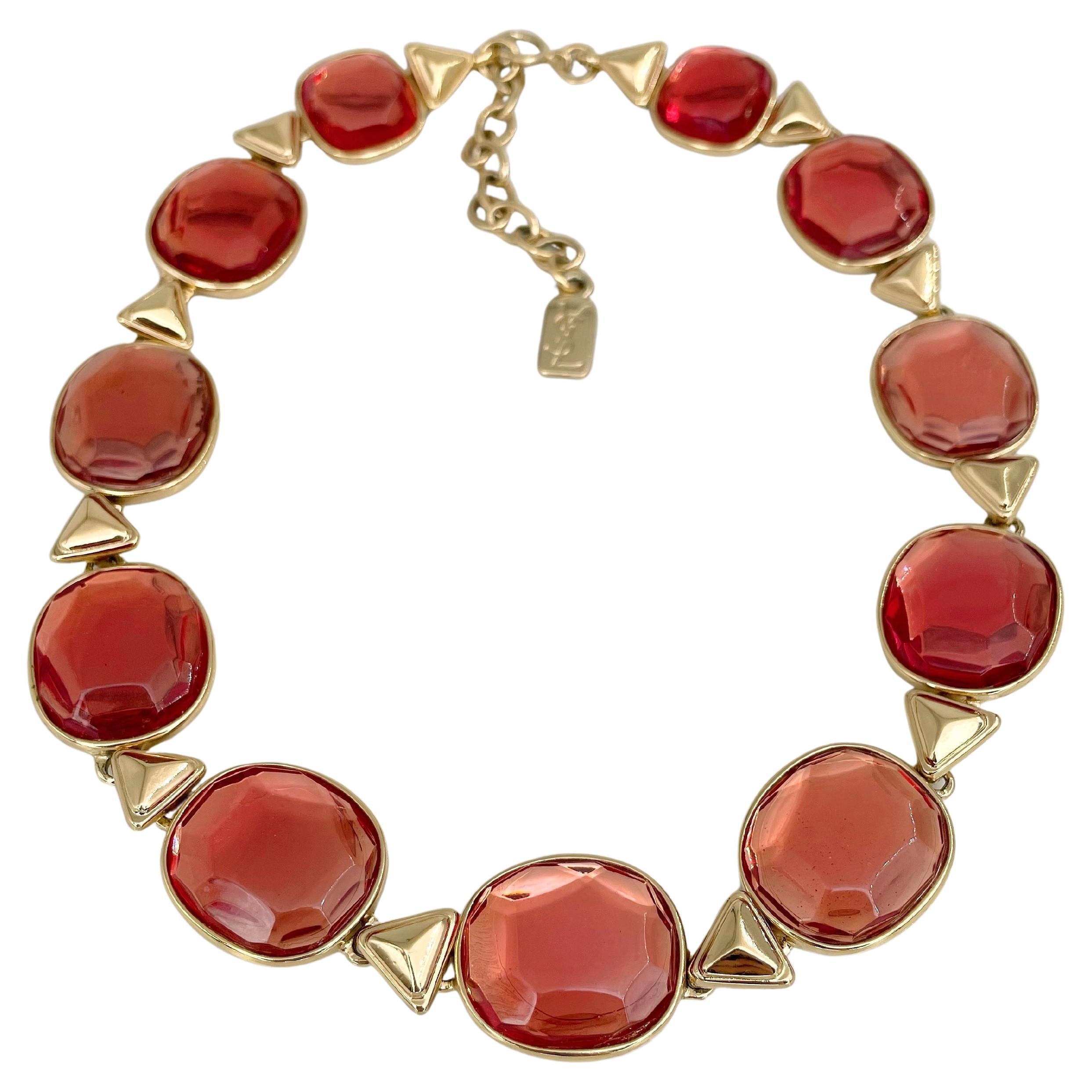 1980s Vintage Yves Saint Laurent YSL Gold Tone Red Orange Resin Link Necklace