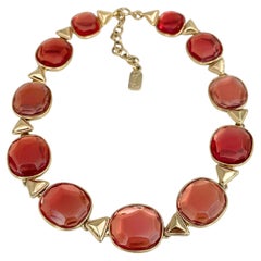 1980s Vintage Yves Saint Laurent YSL Gold Tone Red Orange Resin Link Necklace