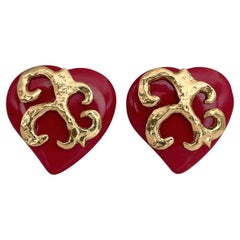 1980s Vintage Yves Saint Laurent YSL Gold Tone Red Resin Heart Clip On Earrings