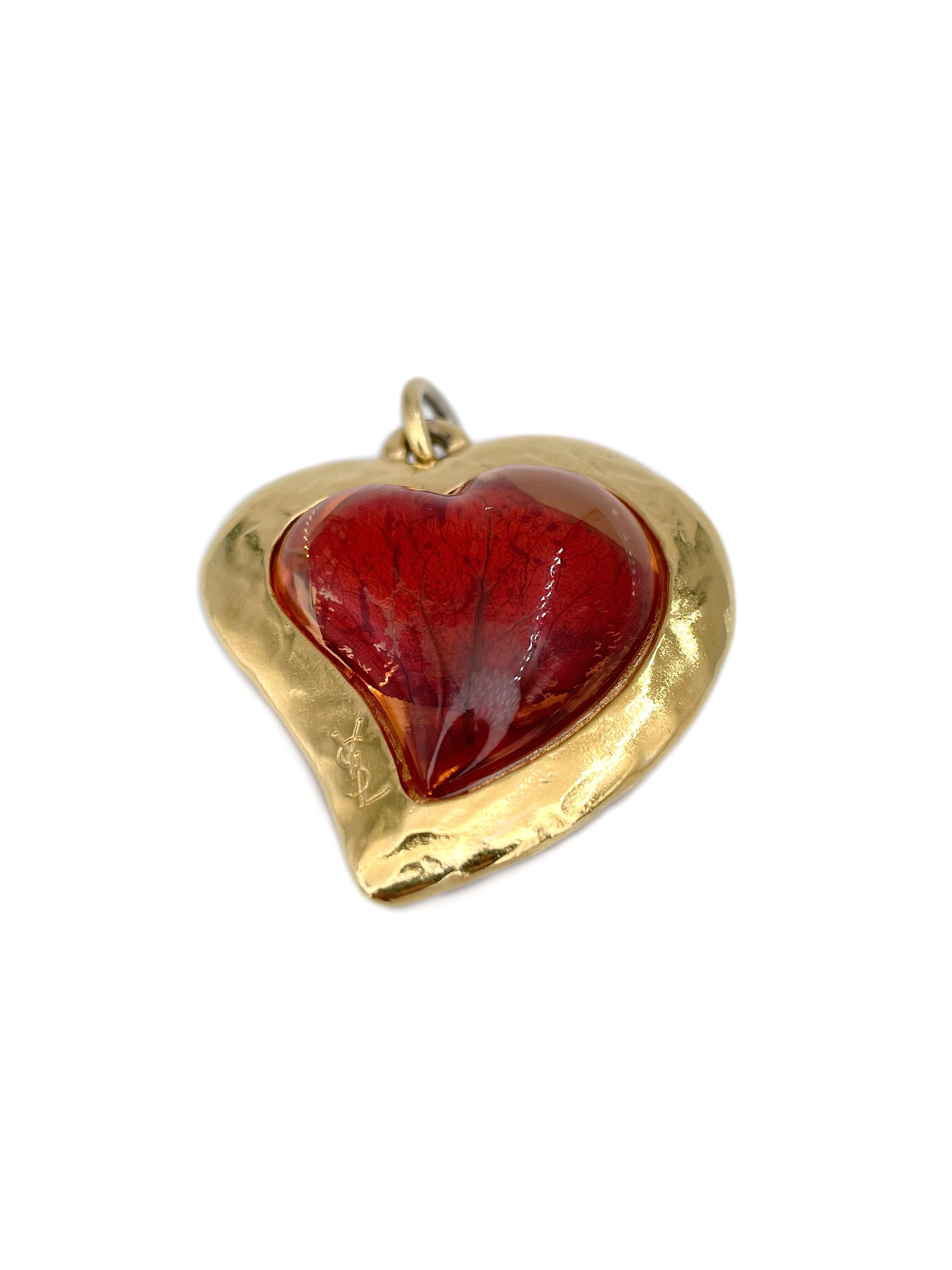 1980 Vintage Yves Saint Laurent YSL Pendentif Pétale de Rose en Résine Ton Or Pour femmes en vente