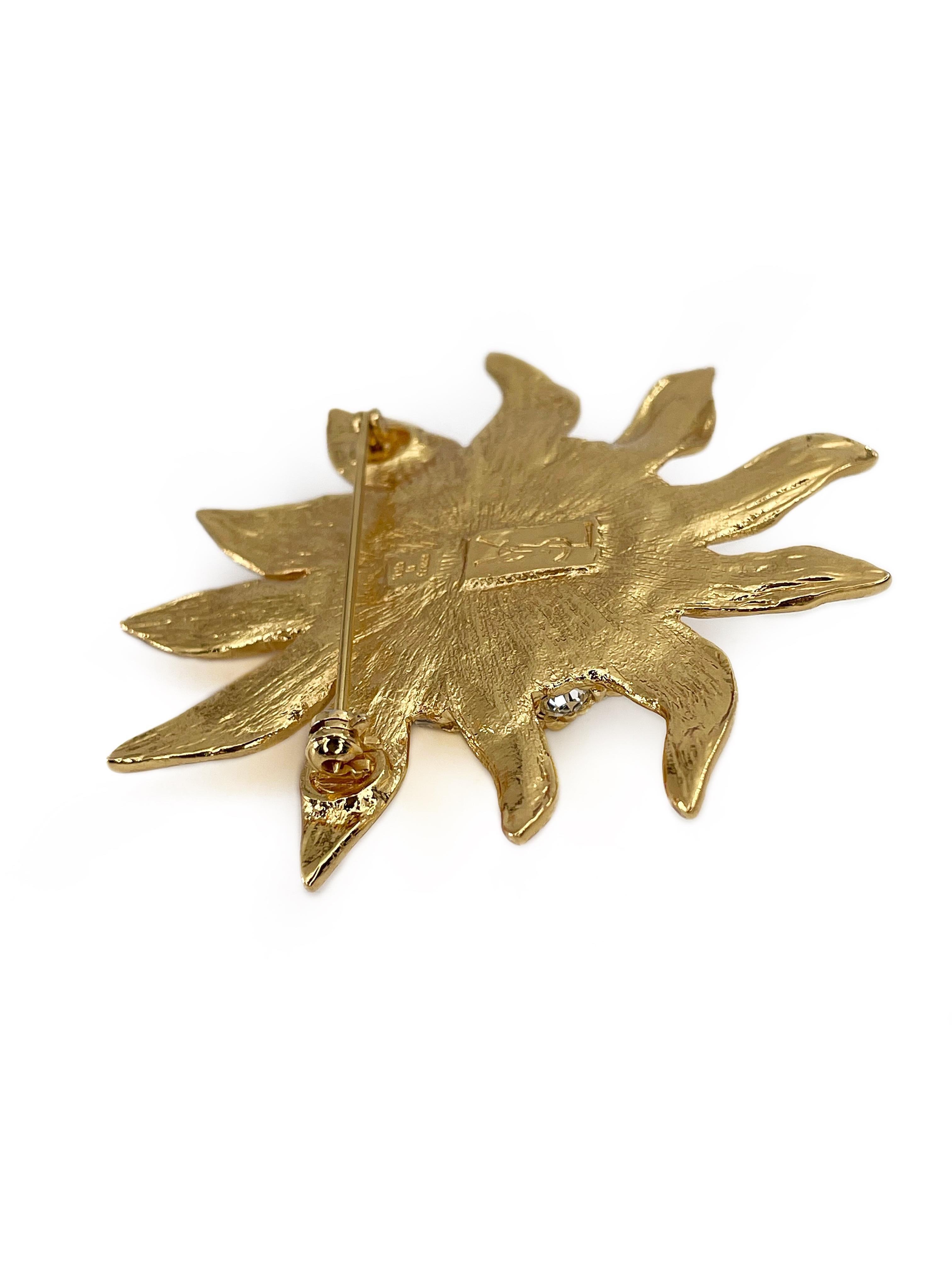 Modern 1980s Vintage Yves Saint Laurent YSL Gold Tone Rhinestone Sunflower Brooch