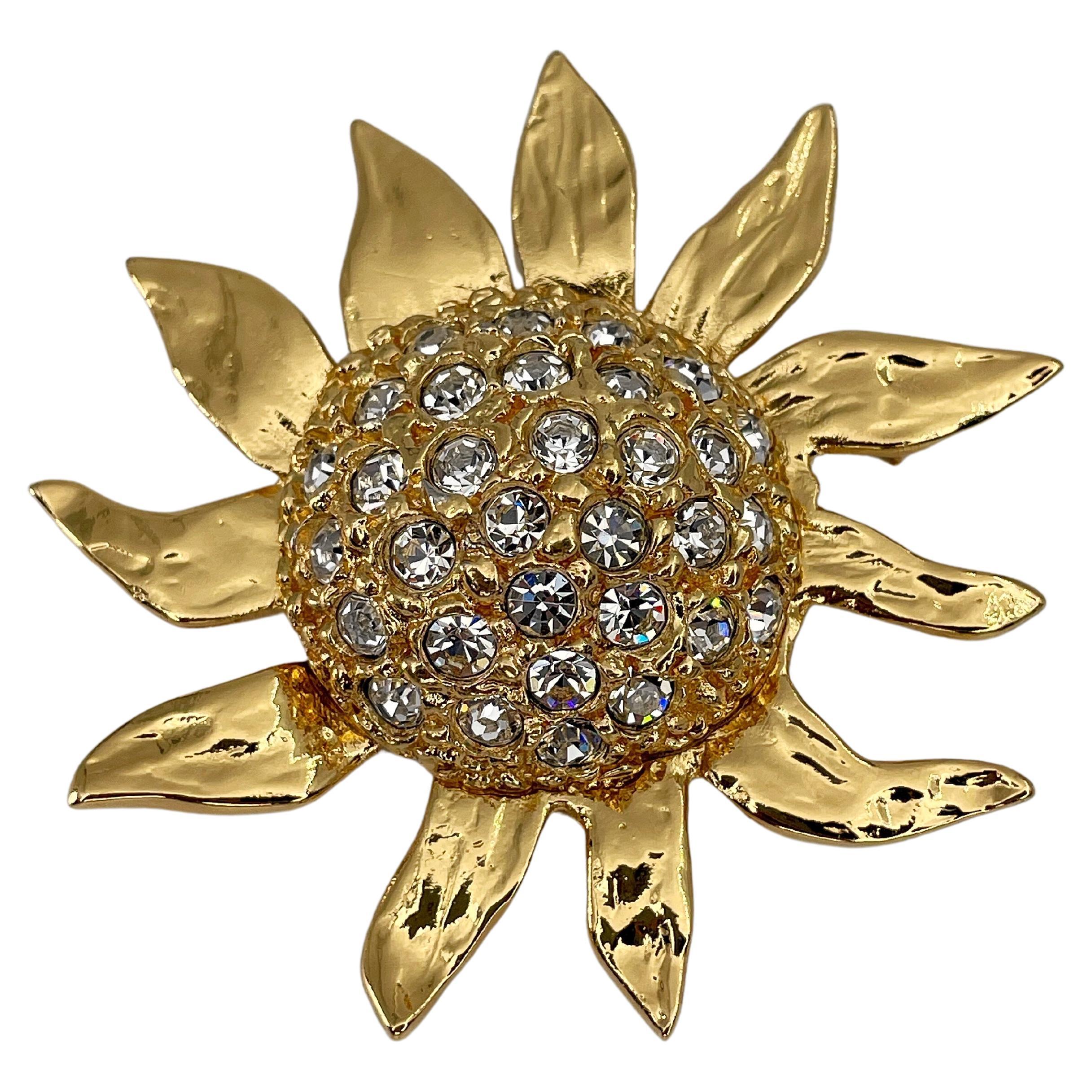 1980s Vintage Yves Saint Laurent YSL Gold Tone Rhinestone Sunflower Brooch