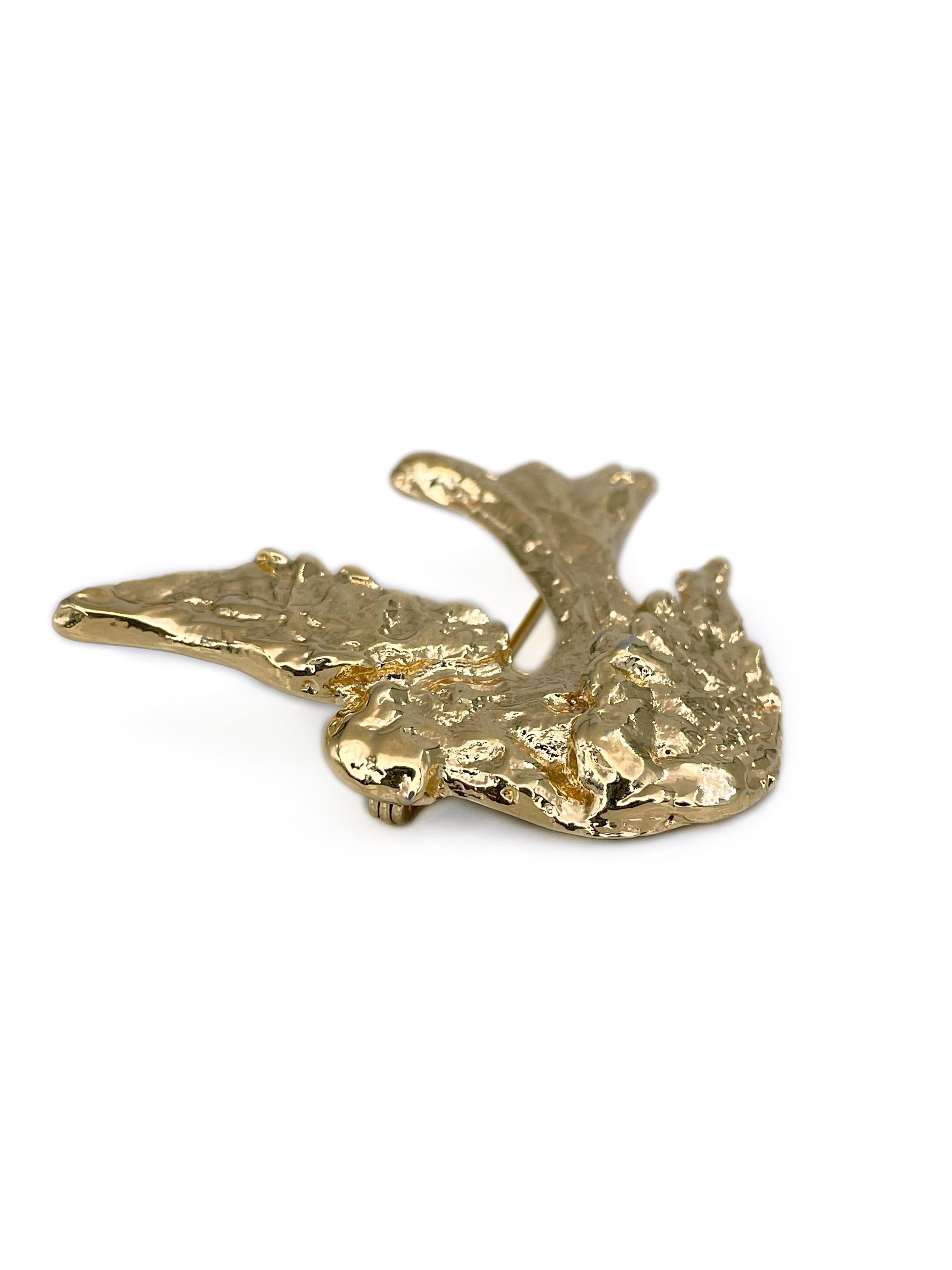 Modern 1980s Vintage Yves Saint Laurent YSL Gold Tone Textured Dove Bird Brooch For Sale