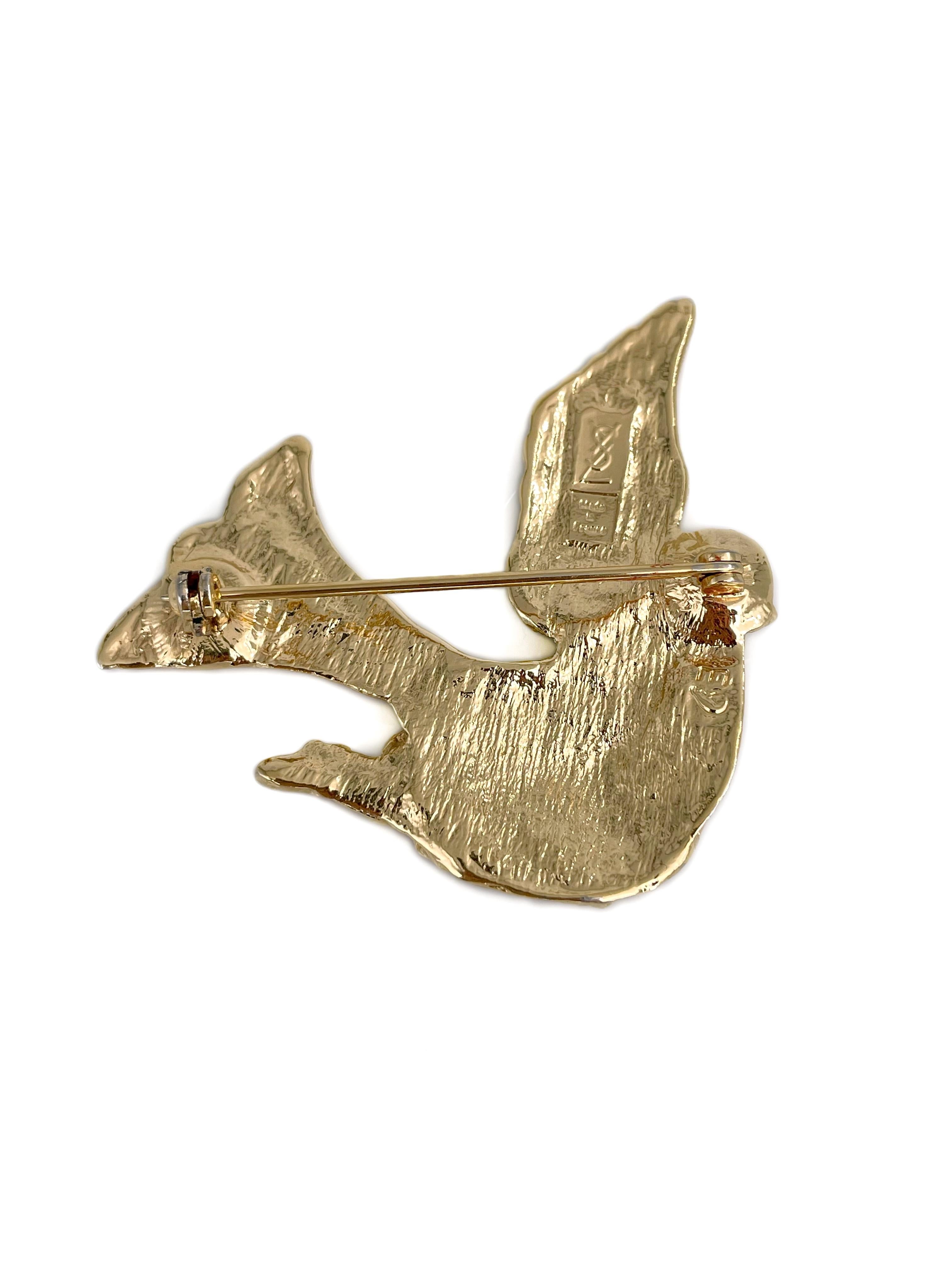 Women's or Men's 1980s Vintage Yves Saint Laurent YSL Gold Tone Textured Dove Bird Brooch For Sale