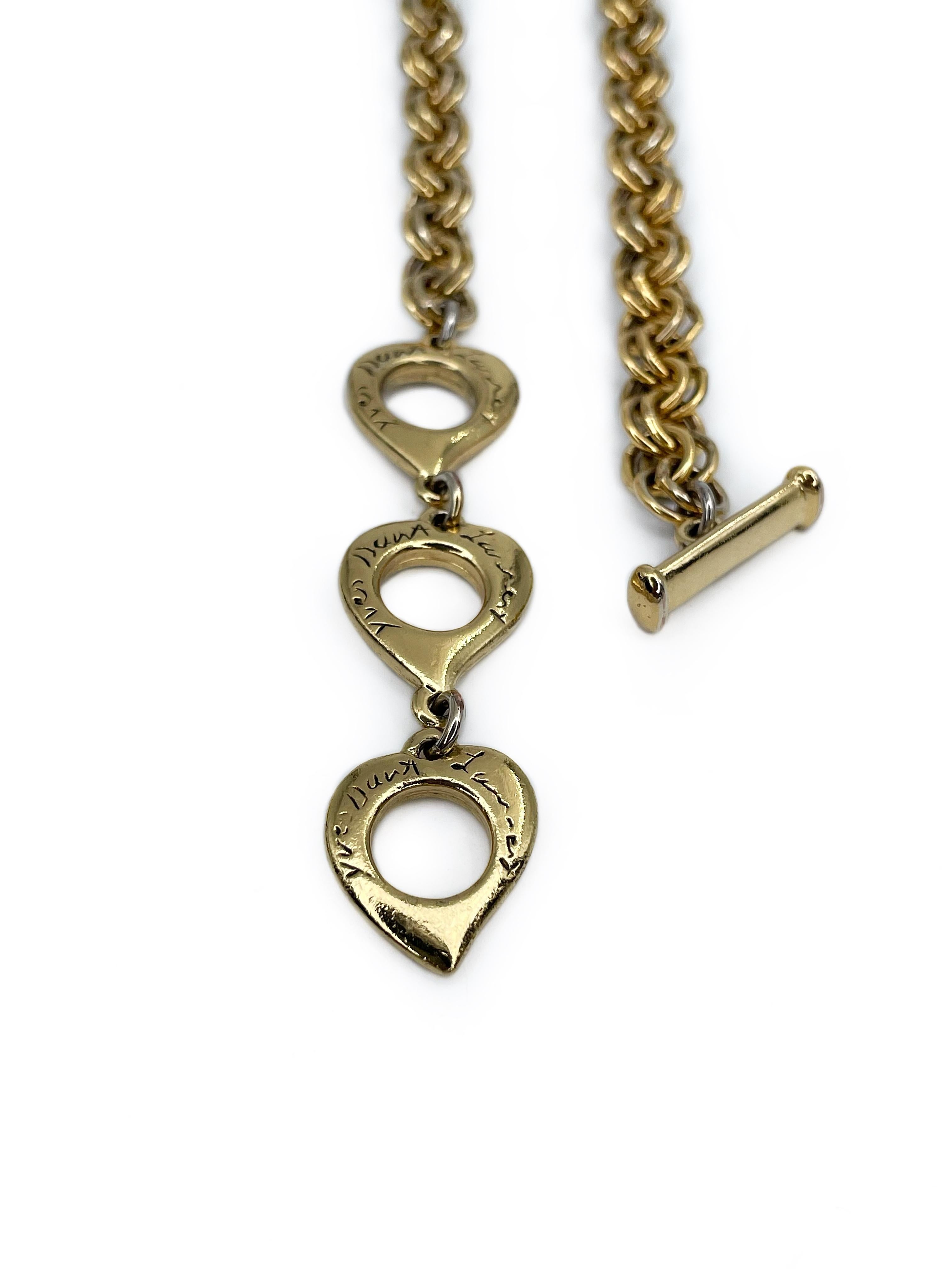 Women's 1980s Vintage Yves Saint Laurent YSL Gold Tone Three Heart Chain Necklace
