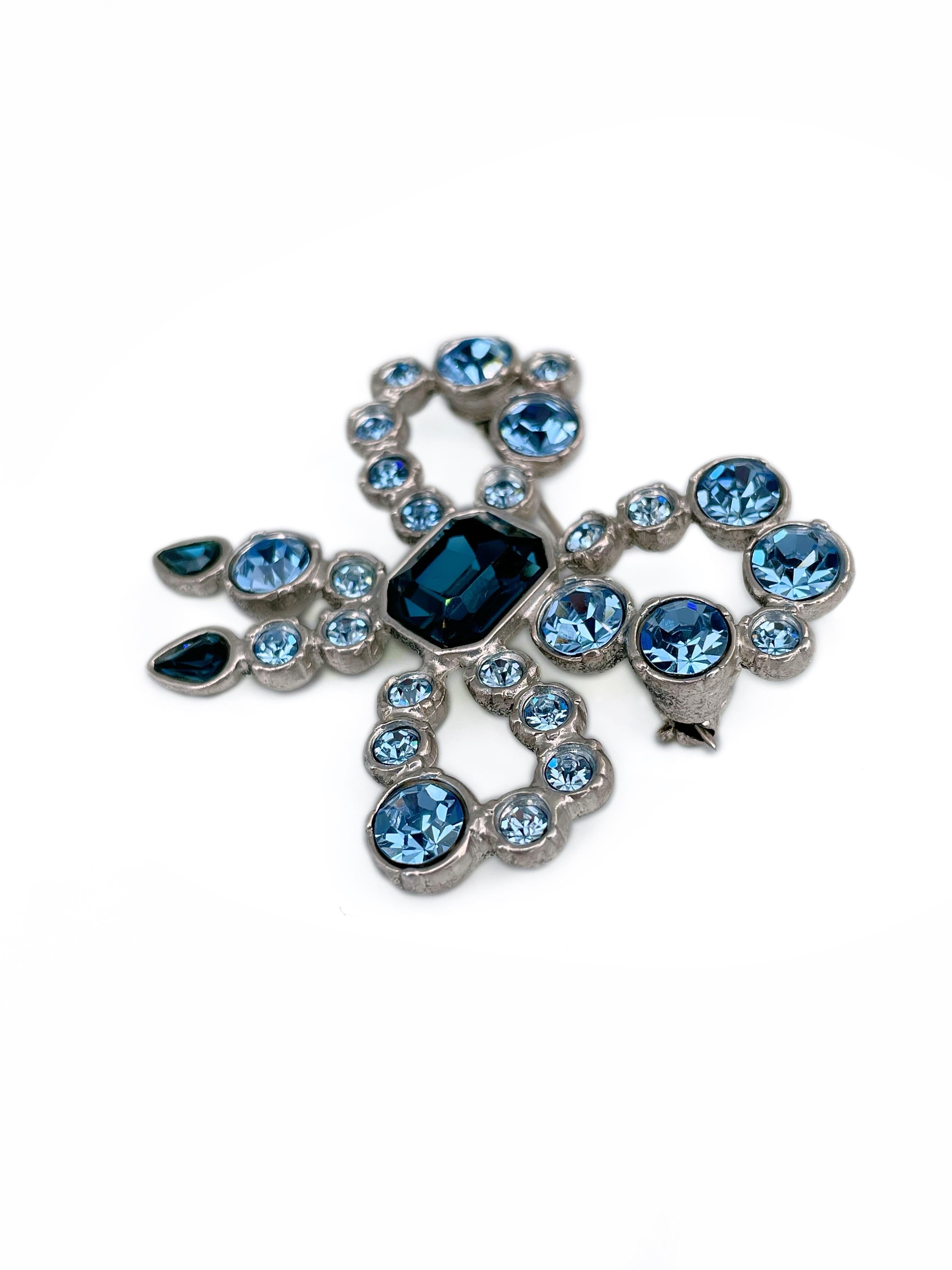 Modern 1980s Vintage Yves Saint Laurent YSL Silver Tone Blue Crystal Bow Brooch