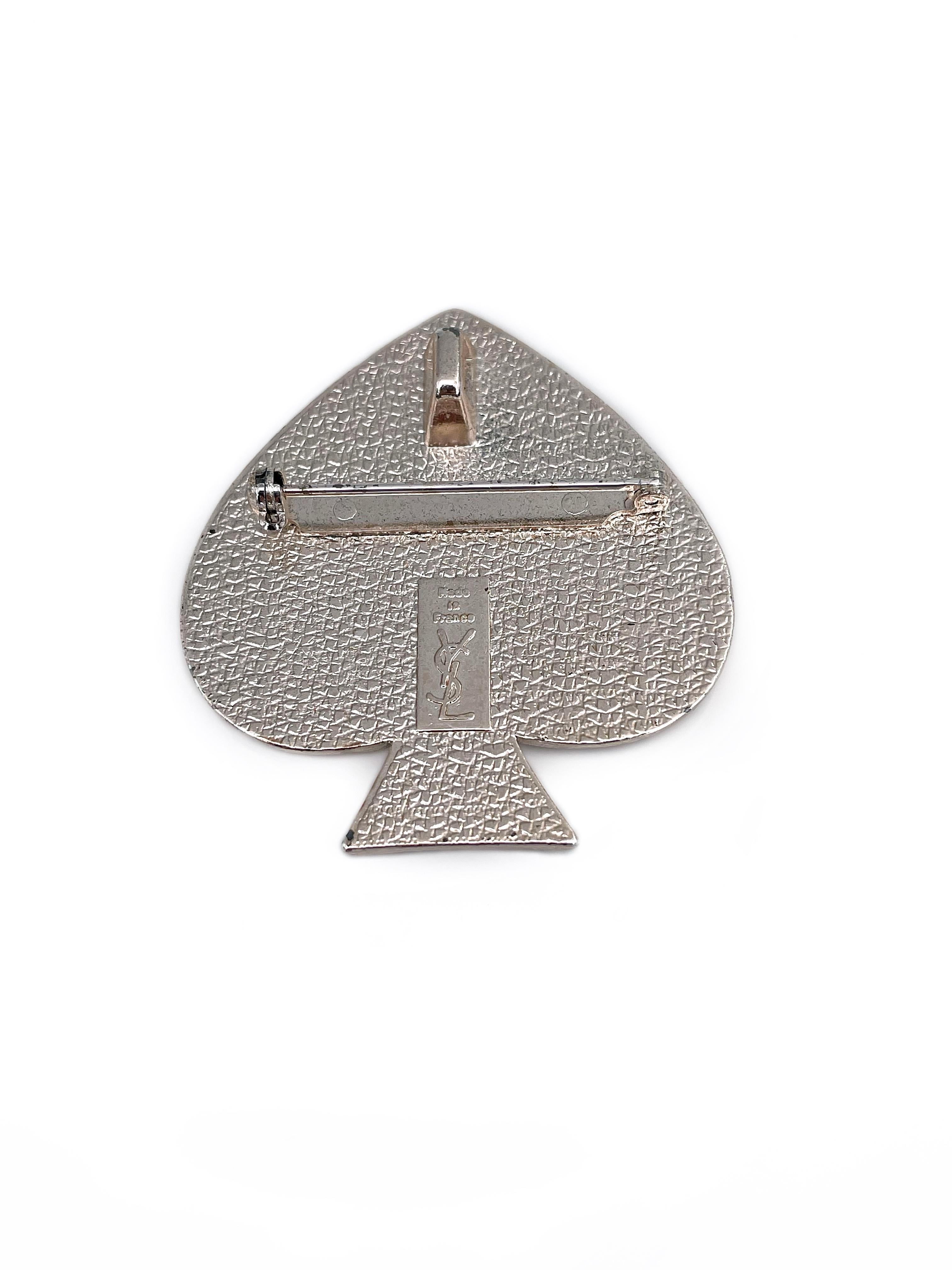 Modern 1980s Vintage Yves Saint Laurent YSL Silver Tone Spade Shape Pendant Brooch For Sale