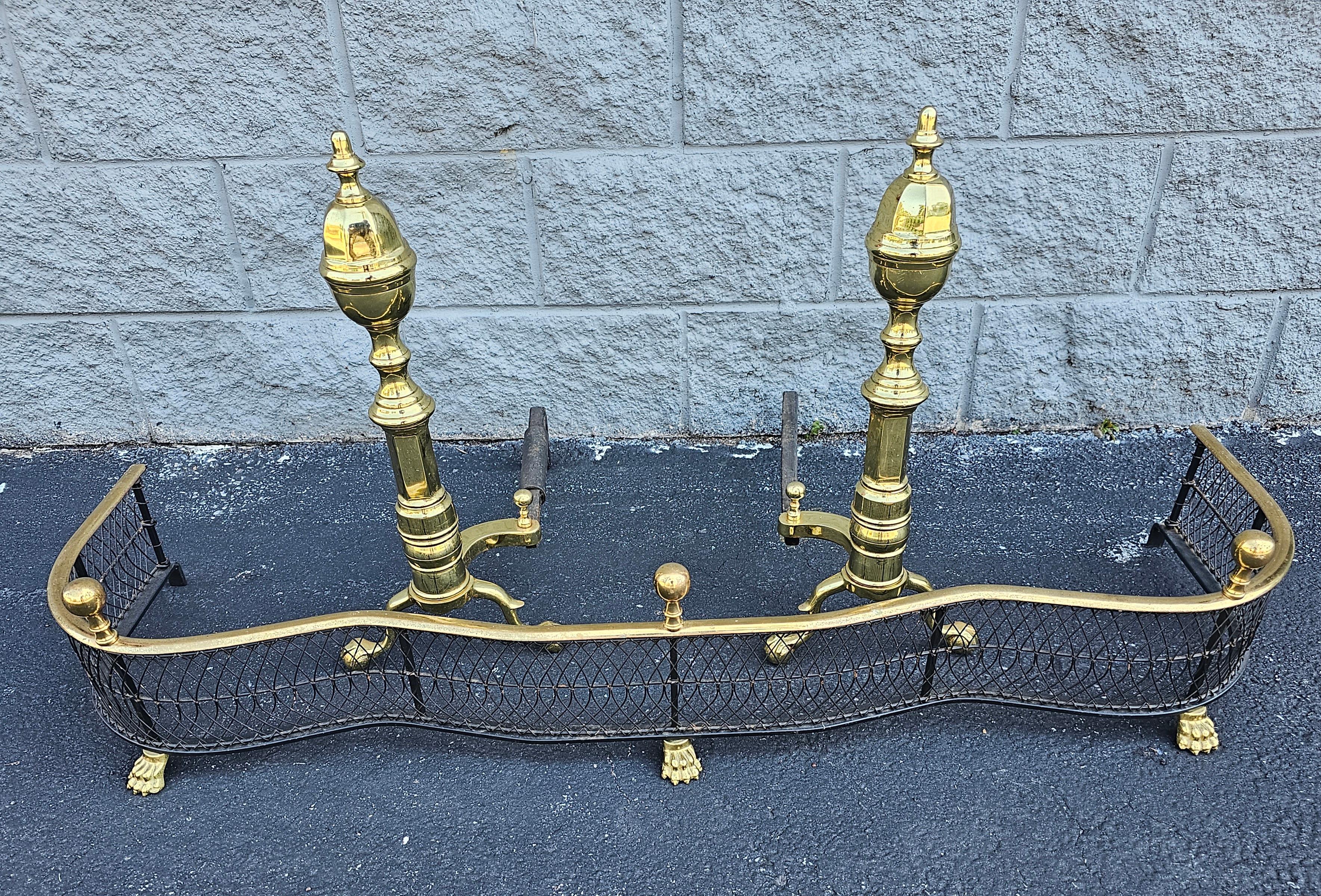 1980s Virginia Metalcrafters Polished Brass and Iron Andirons For Sale 1
