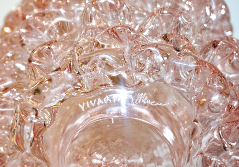 Art Glass 1980s Vivarini Italian Large Vintage Pink Rostrato Spike Murano Glass Ovoid Vase For Sale