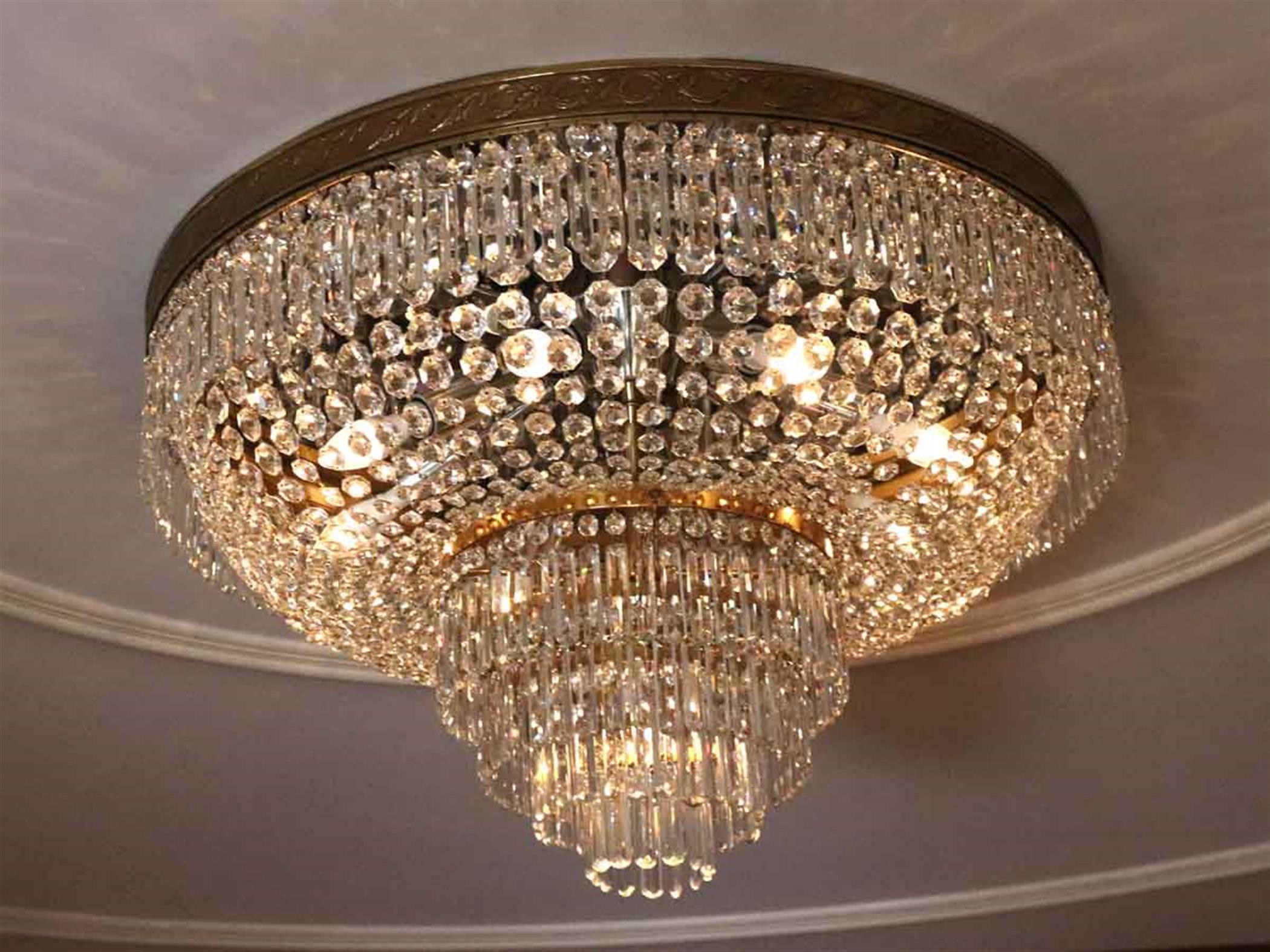 1980s huge flush mount crystal basket chandelier from the Duke of Windsor Suite in the NYC Waldorf Astoria Hotel on Park Ave. A Waldorf Astoria authenticity card included with your purchase. Please note, this item is located in one of our NYC