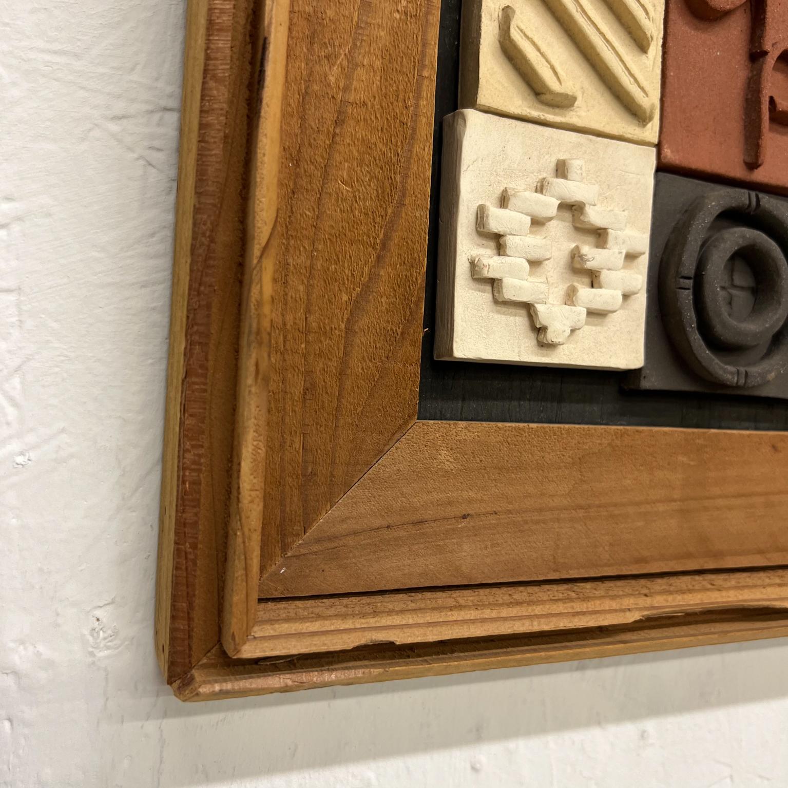 1980s Brutalist Wall Art Wood Pottery Tiles Framed  In Good Condition For Sale In Chula Vista, CA