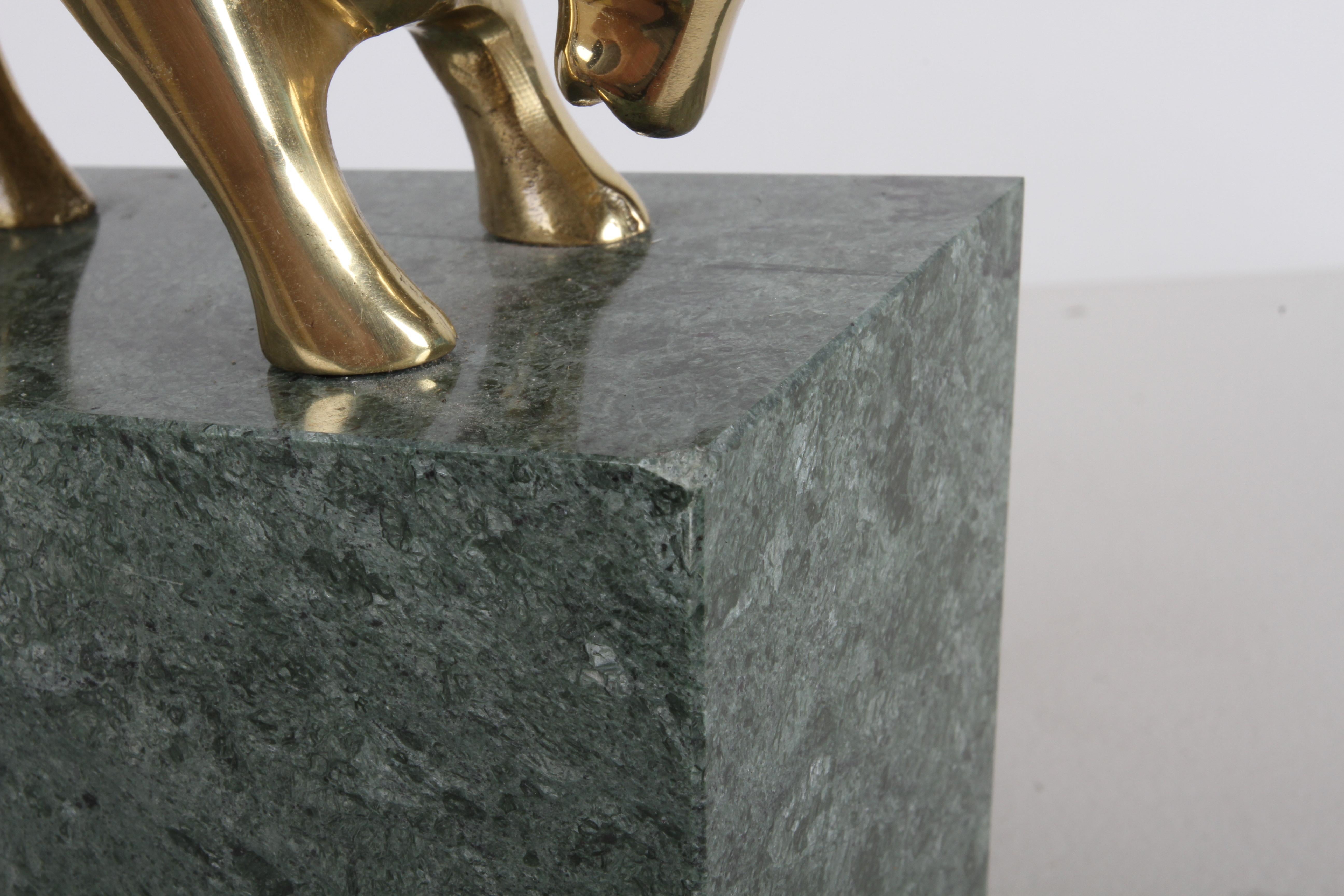 1980s Wall Street - Brass & Green Marble Bull vs Bear Stock Market Bookends For Sale 8