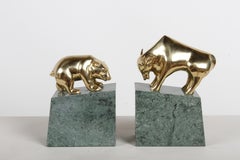 1980s Wall Street - Brass & Green Marble Bull vs Bear Stock Market Bookends