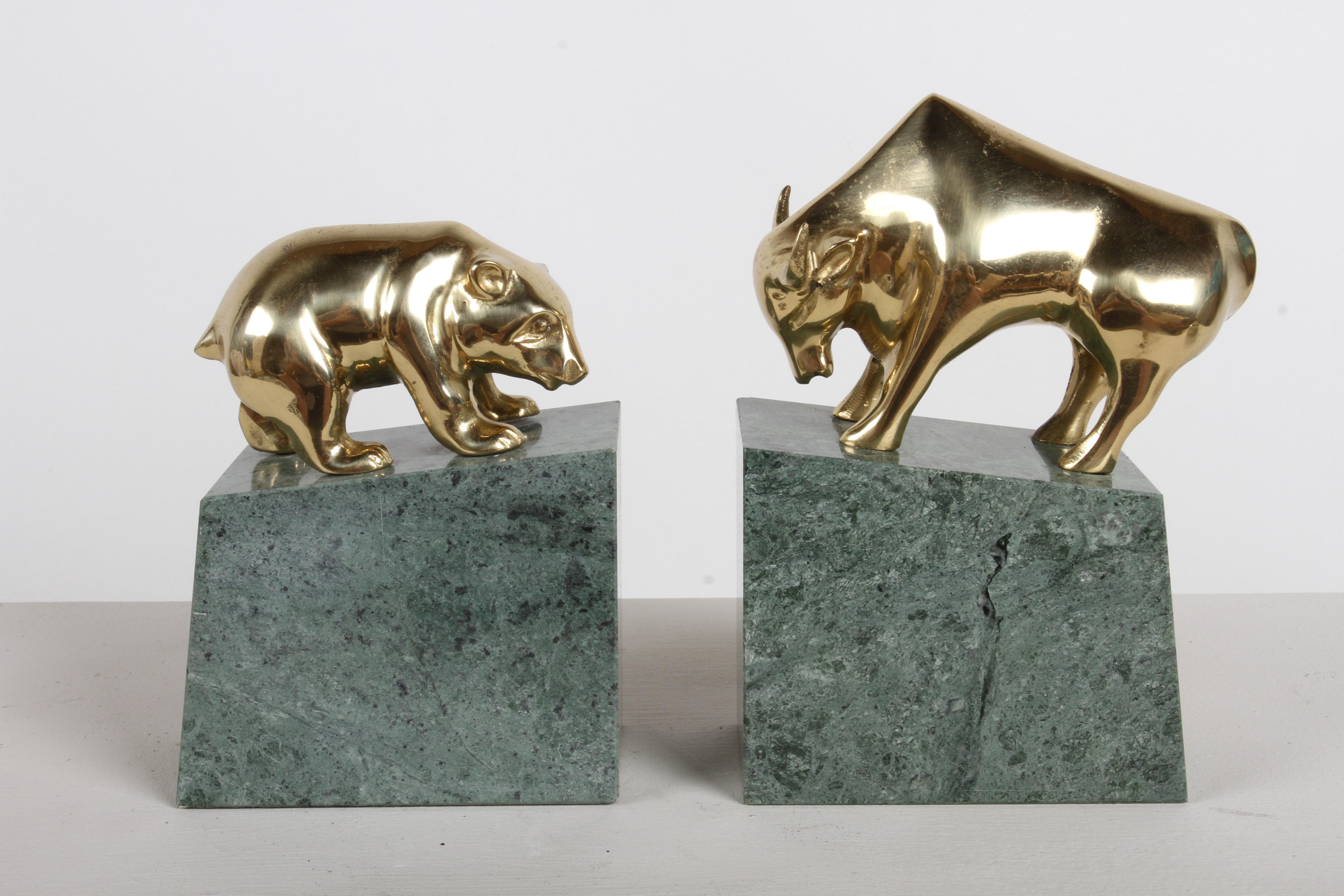 Art Deco 1980s Wall Street - Brass & Green Marble Bull vs Bear Stock Market Bookends For Sale