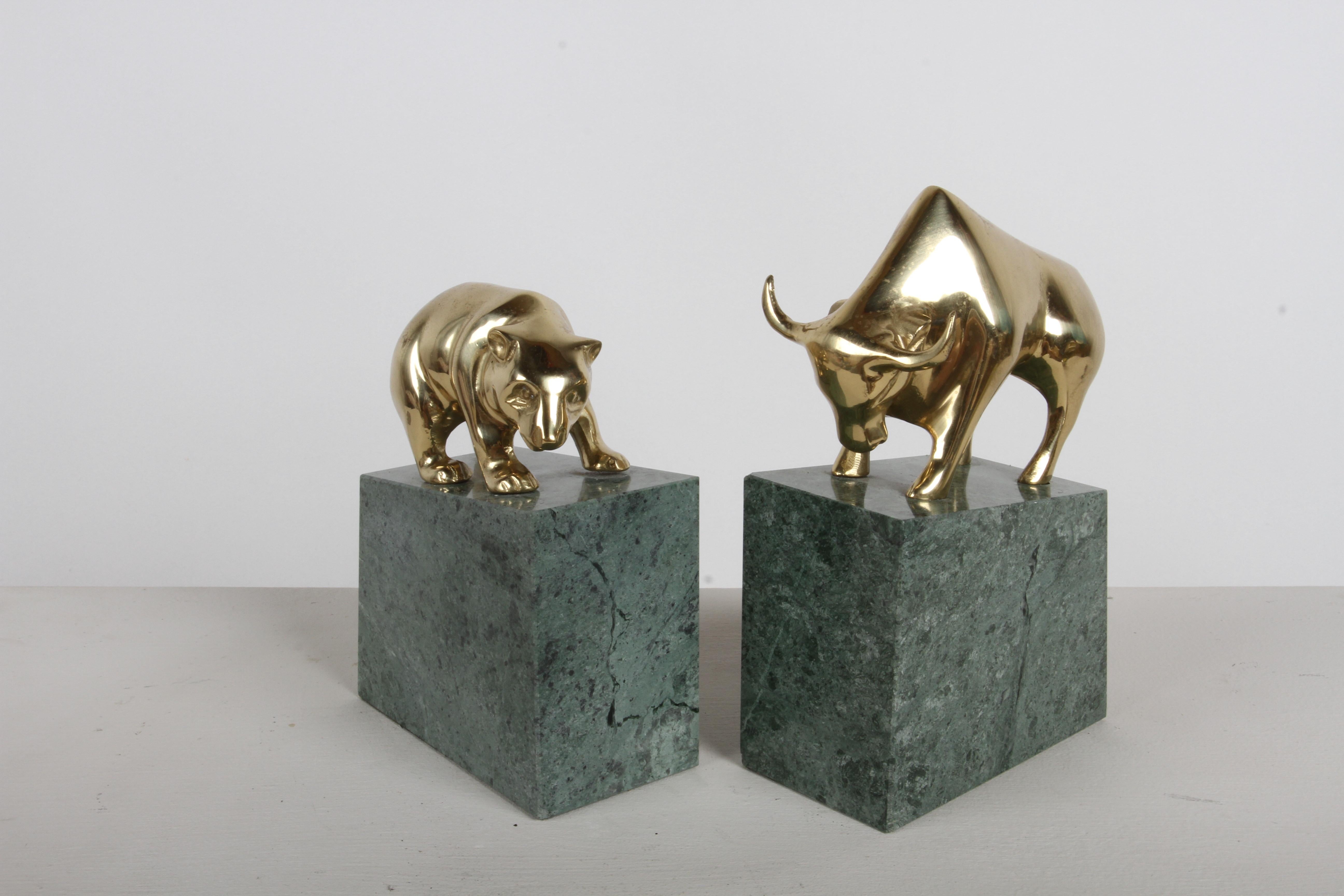 Unknown 1980s Wall Street - Brass & Green Marble Bull vs Bear Stock Market Bookends For Sale