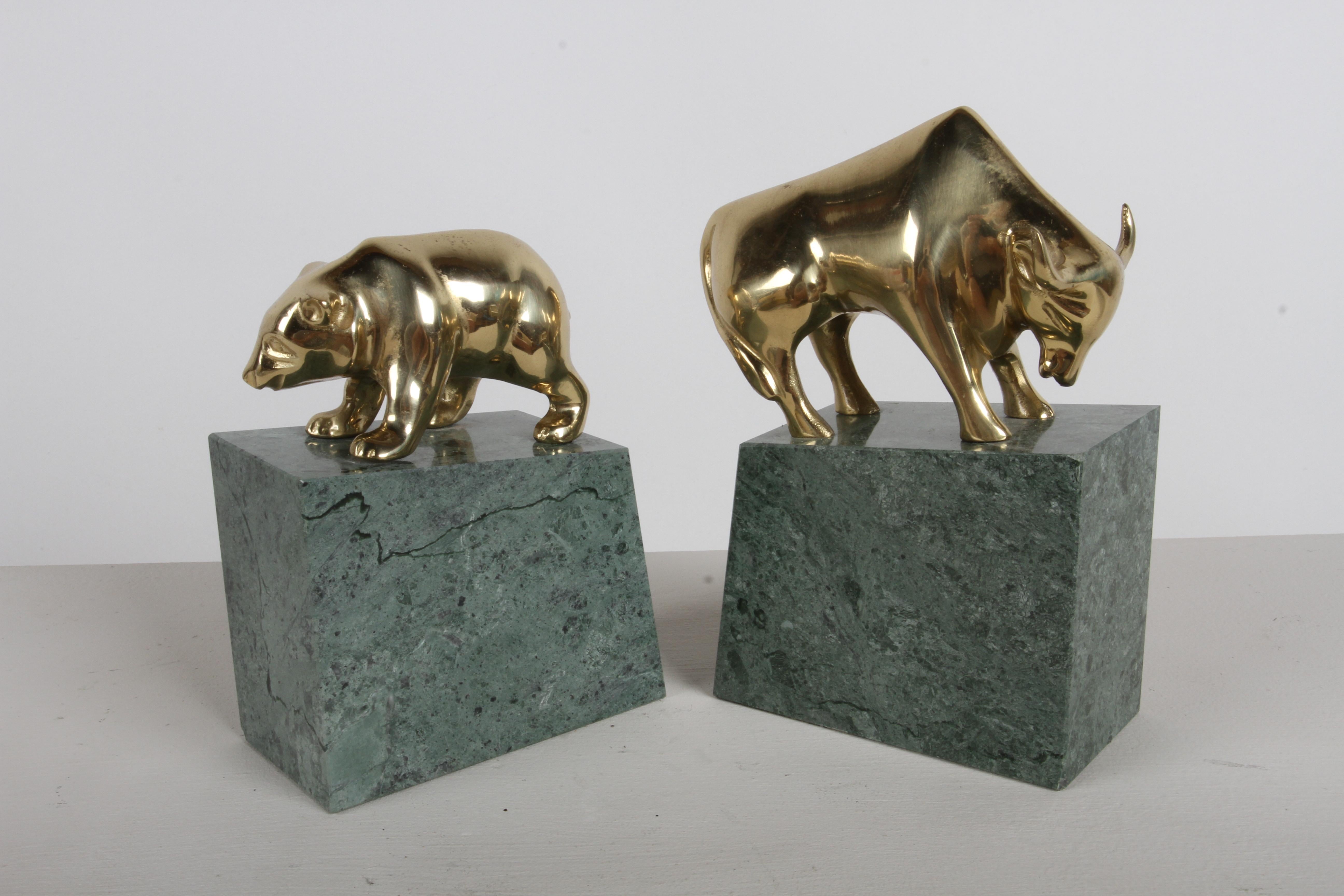 Late 20th Century 1980s Wall Street - Brass & Green Marble Bull vs Bear Stock Market Bookends For Sale