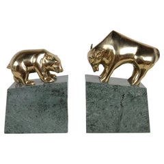 1980s Wall Street - Brass & Green Marble Bull vs Bear Stock Market Bookends