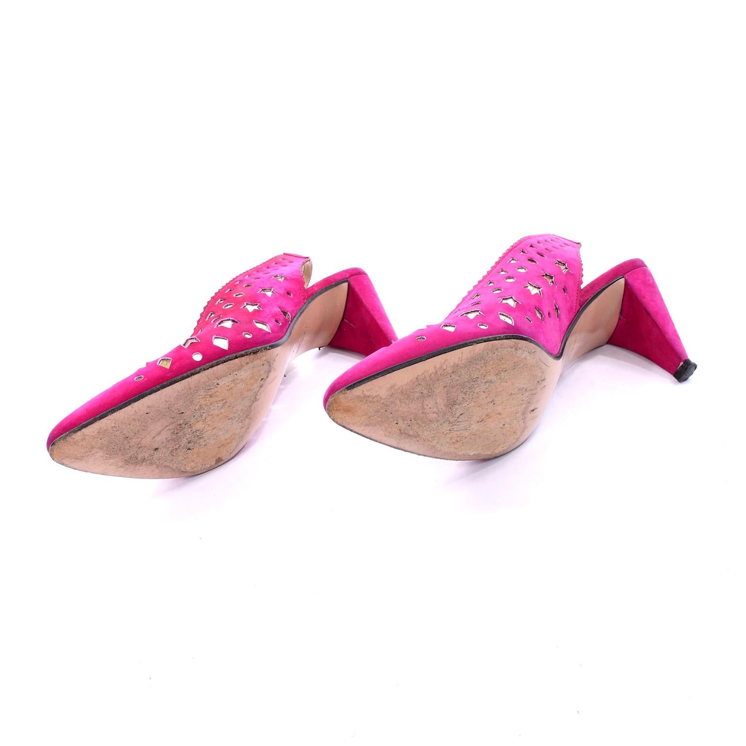 Women's 1980s Walter Steiger Slingback Pink Suede Shoes W/ Cut Out Stars & Shapes 7AA For Sale