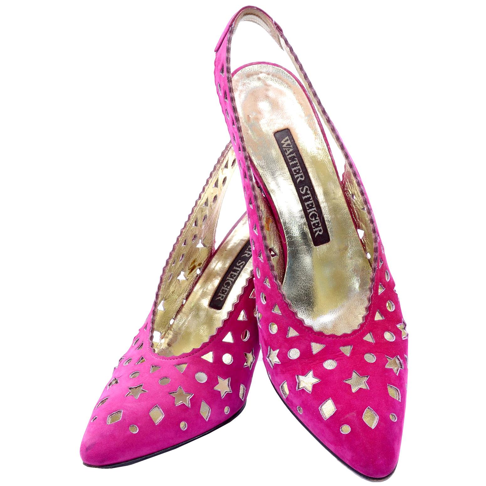 1980s Walter Steiger Slingback Pink Suede Shoes W/ Cut Out Stars 
Shapes 7AA For Sale