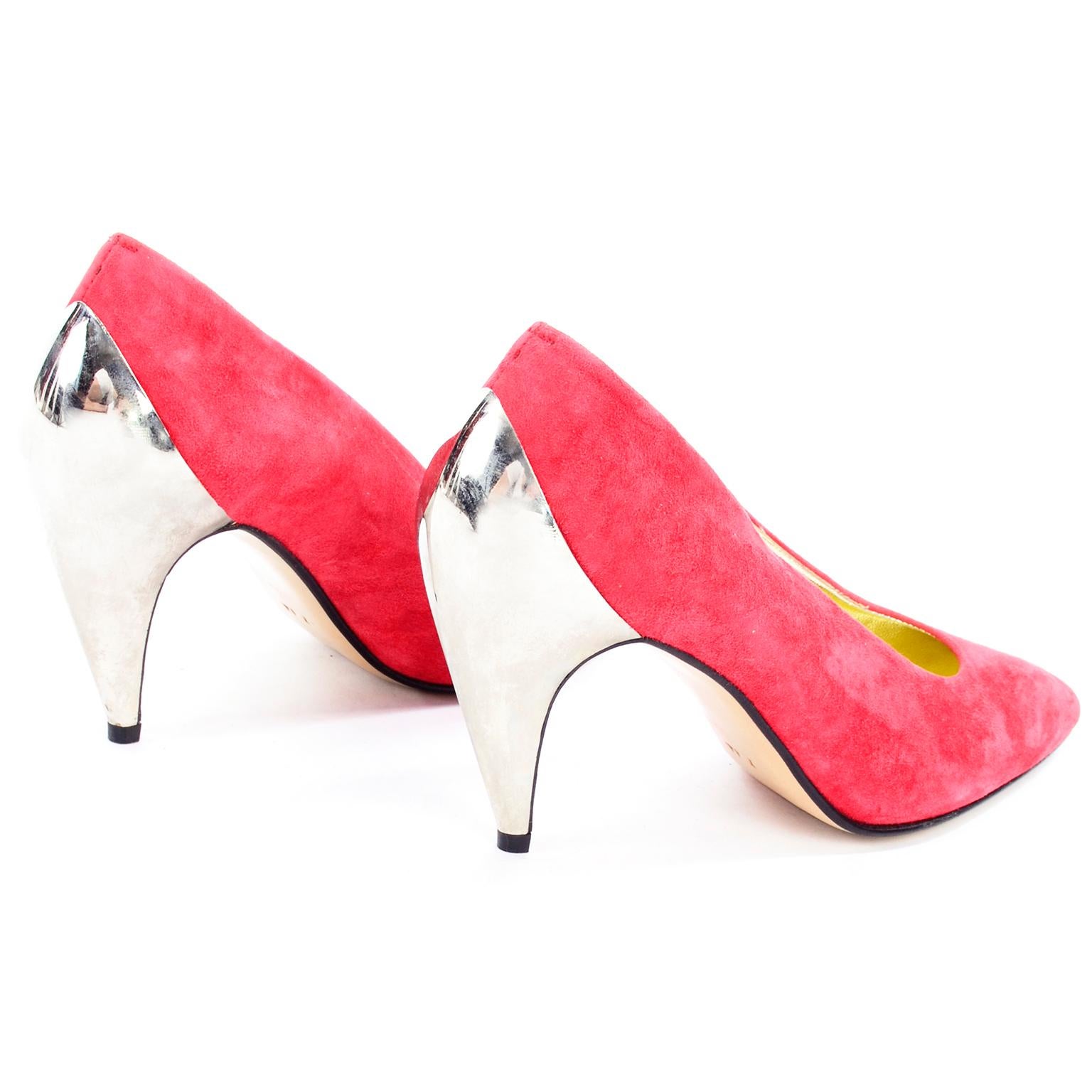 Red 1980s Walter Steiger Vintage Salmon Pink Suede Shoes W Mirrored Silver Heels 7AA For Sale