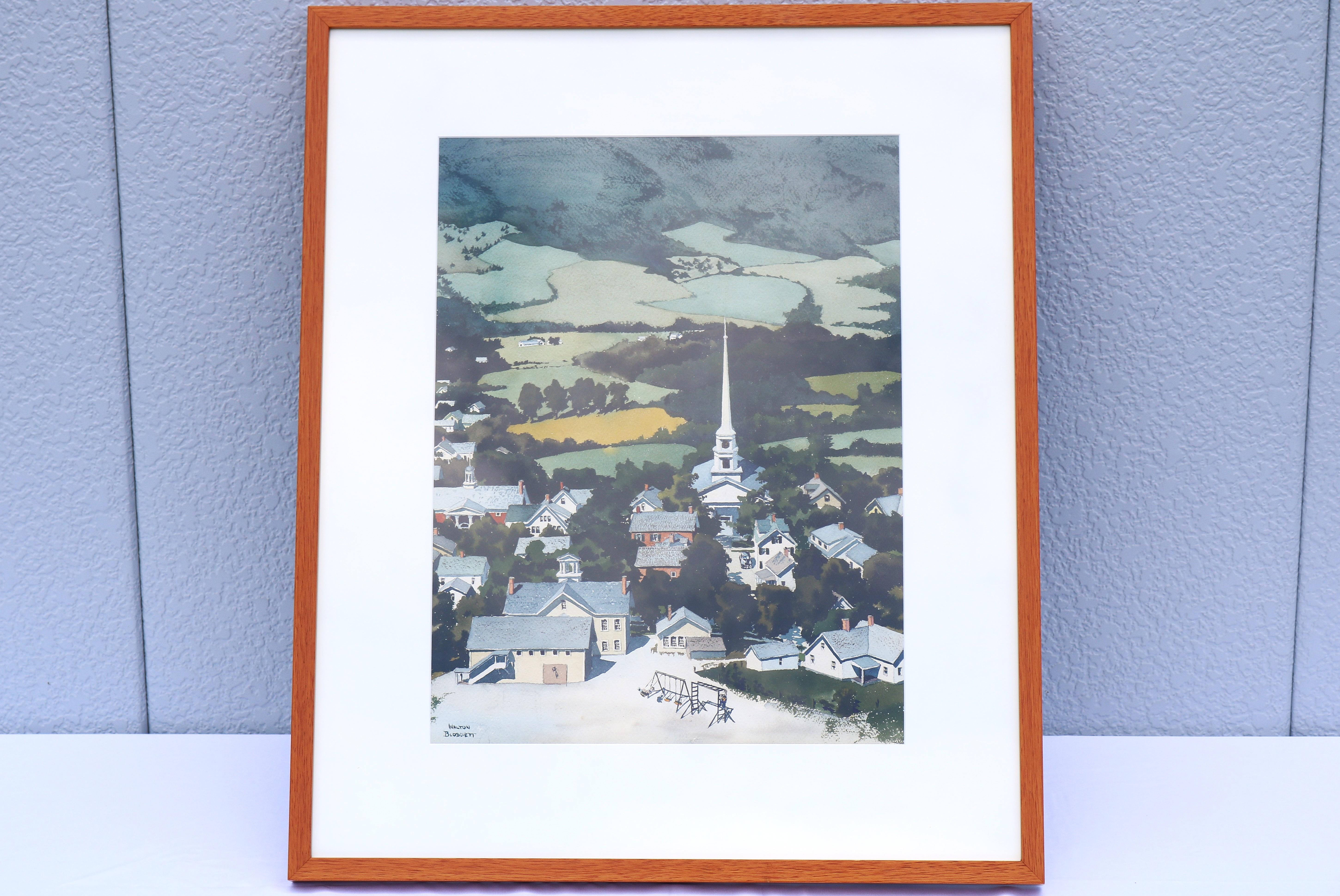 Mid-Century moderno Walton Blodgett New England Townes degli anni '80, stampa litografica firmata, opera d'arte incorniciata in vendita