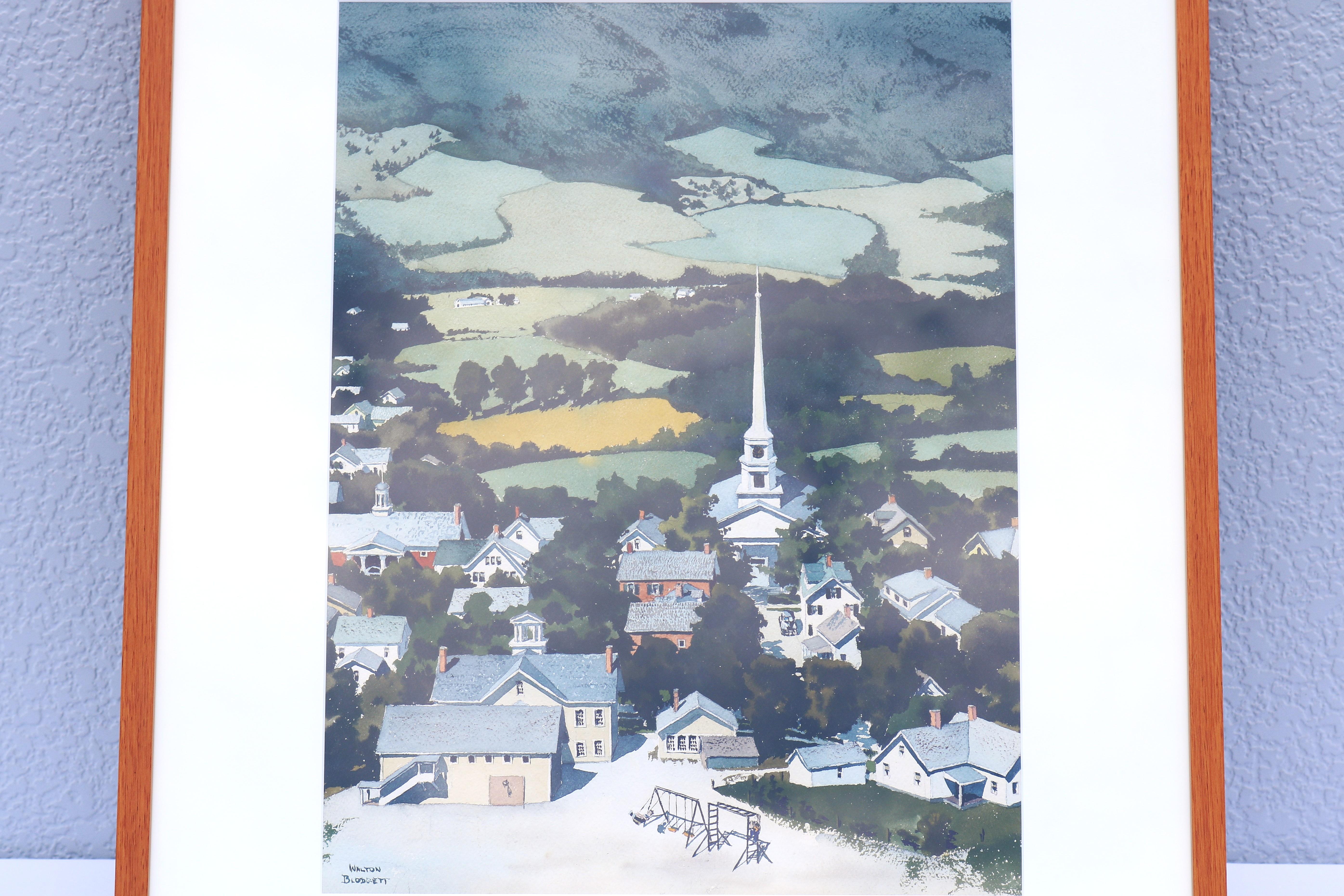 Americano Walton Blodgett New England Townes degli anni '80, stampa litografica firmata, opera d'arte incorniciata in vendita