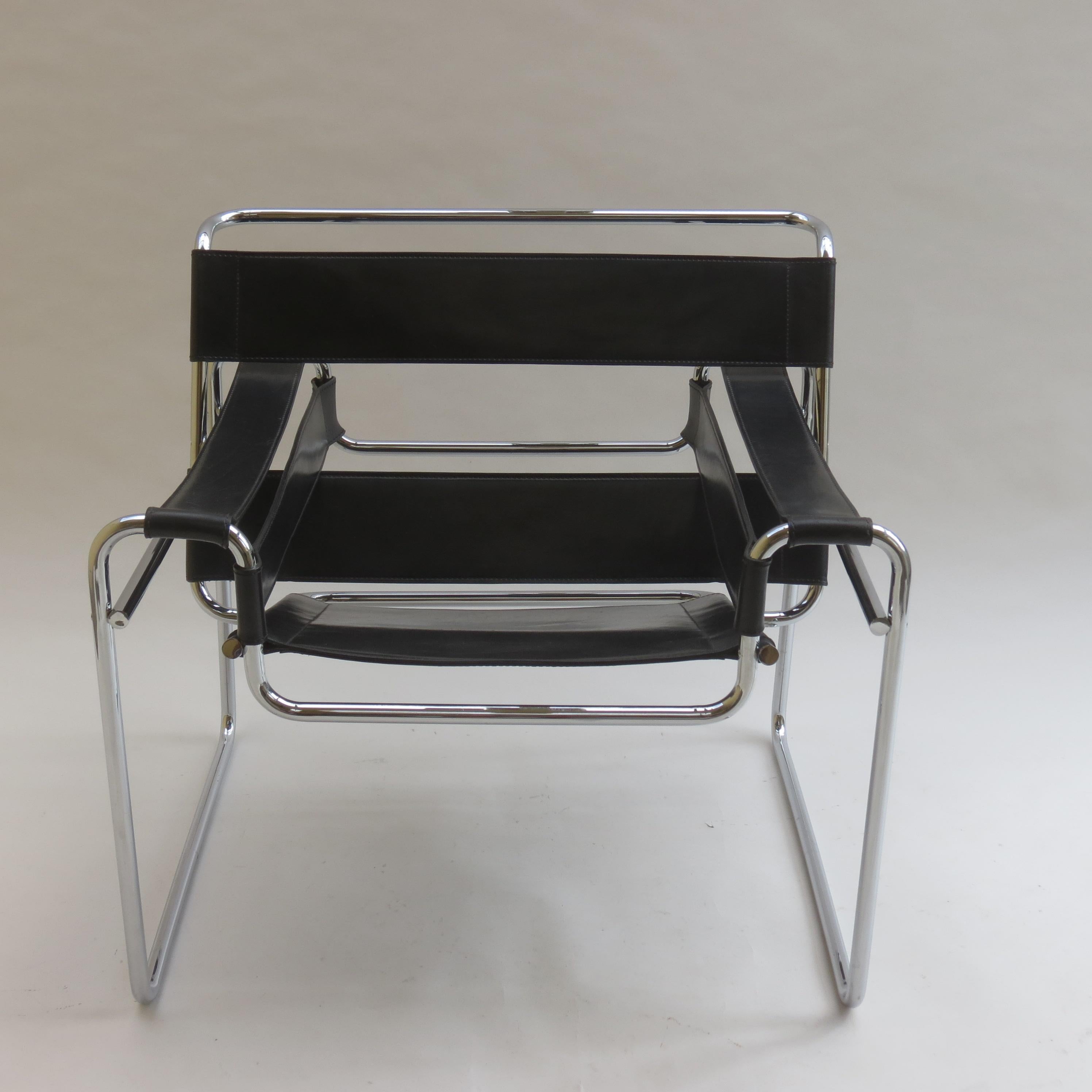Wassily chair designed by Marcel Breuer and manufactured by Knoll. The original year of design of this chair was 1925, this particular chair was manufactured in the early 1980s.

Made from polished chrome tube with leather seat and arms. The chair