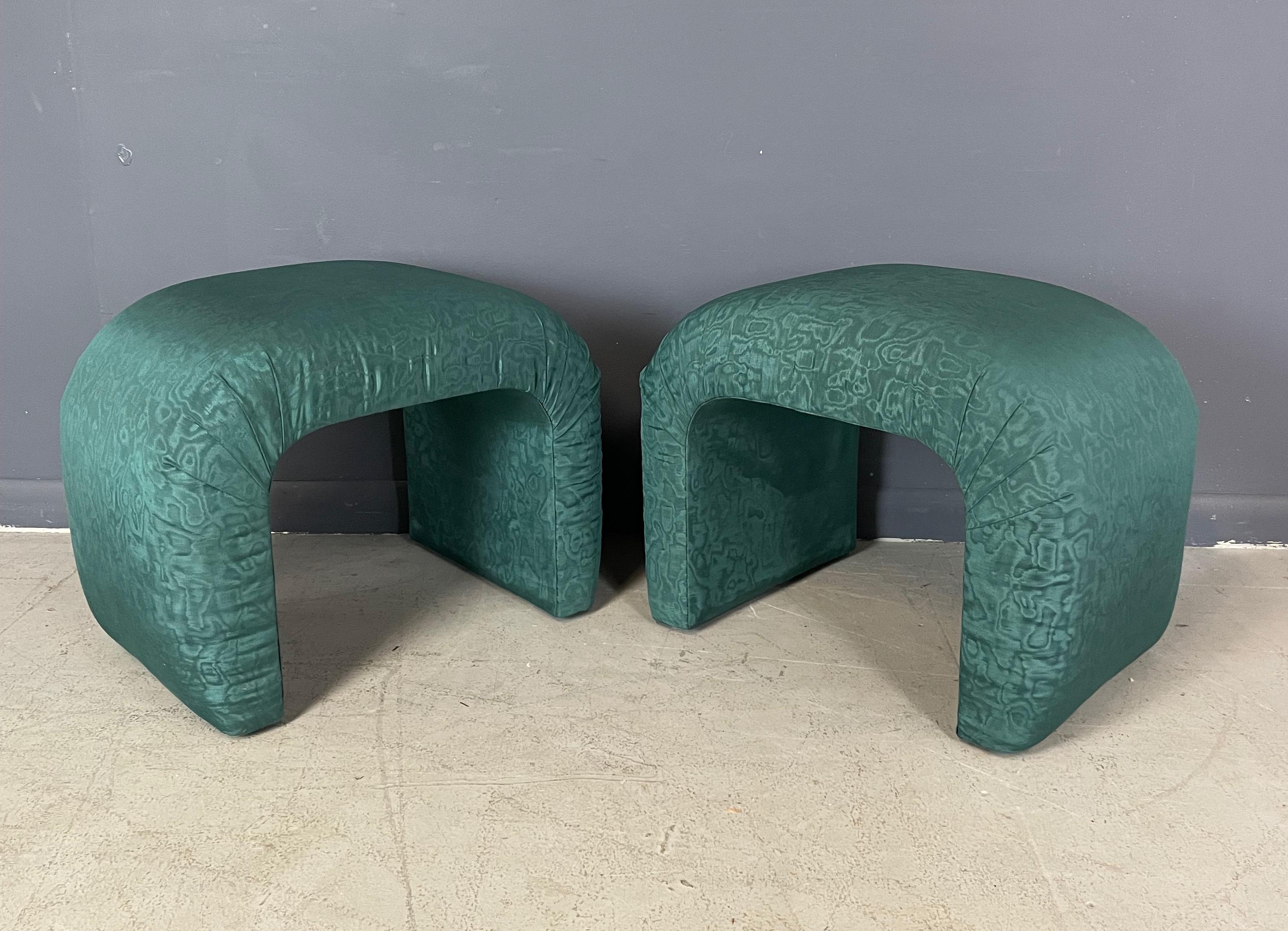 A really nice pair of waterfall benches that will compliment any room. The green moire fabric is in wonderful shape. We can also upholster these benches in a fabric of your choice.