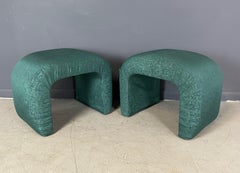 1980s Waterfall Benches in a Green Moire Fabric in the Style of Karl Springer