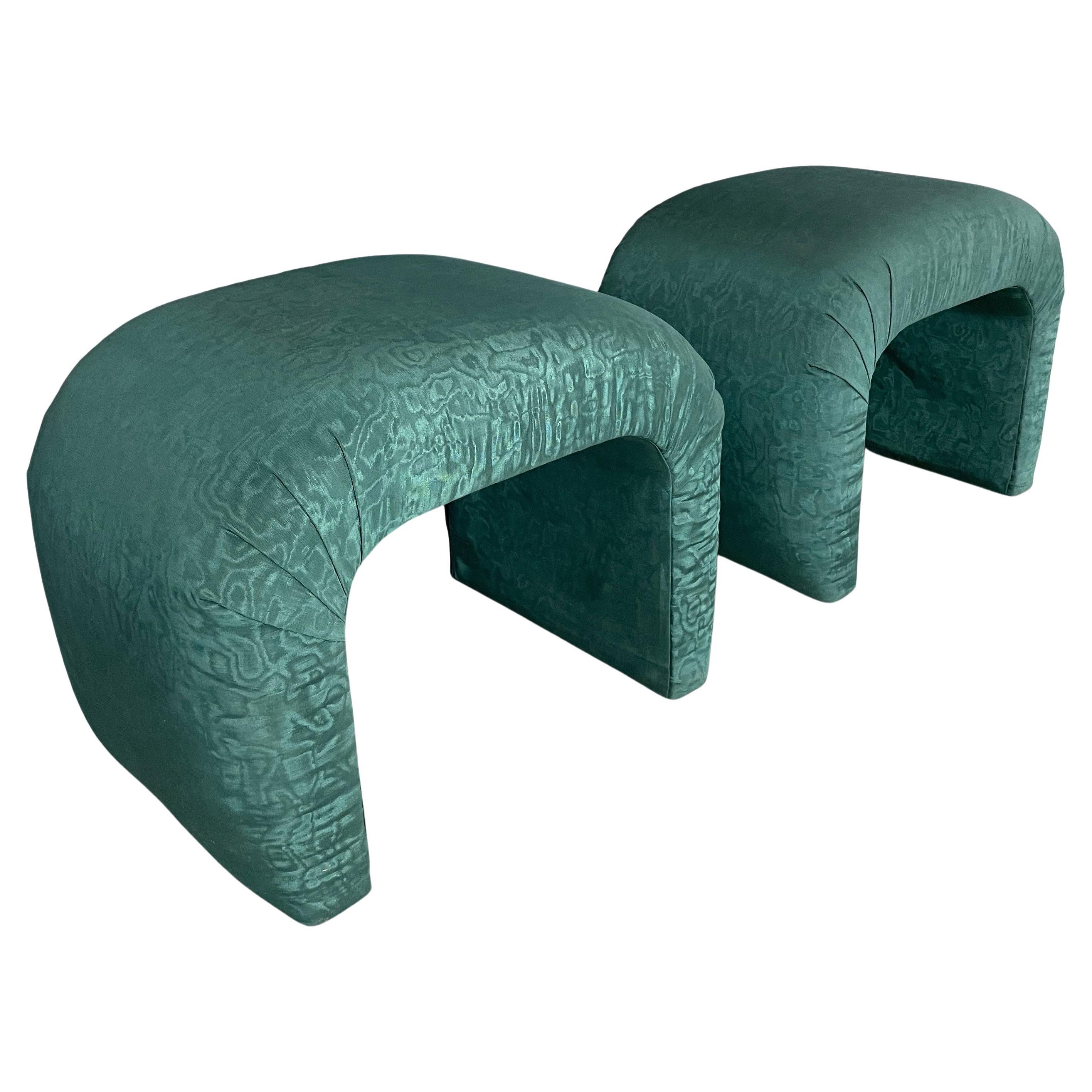1980s Waterfall Benches in a Green Moire Fabric in the Style of Karl Springer For Sale
