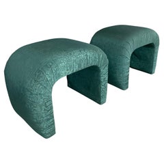 Vintage 1980s Waterfall Benches in a Green Moire Fabric in the Style of Karl Springer