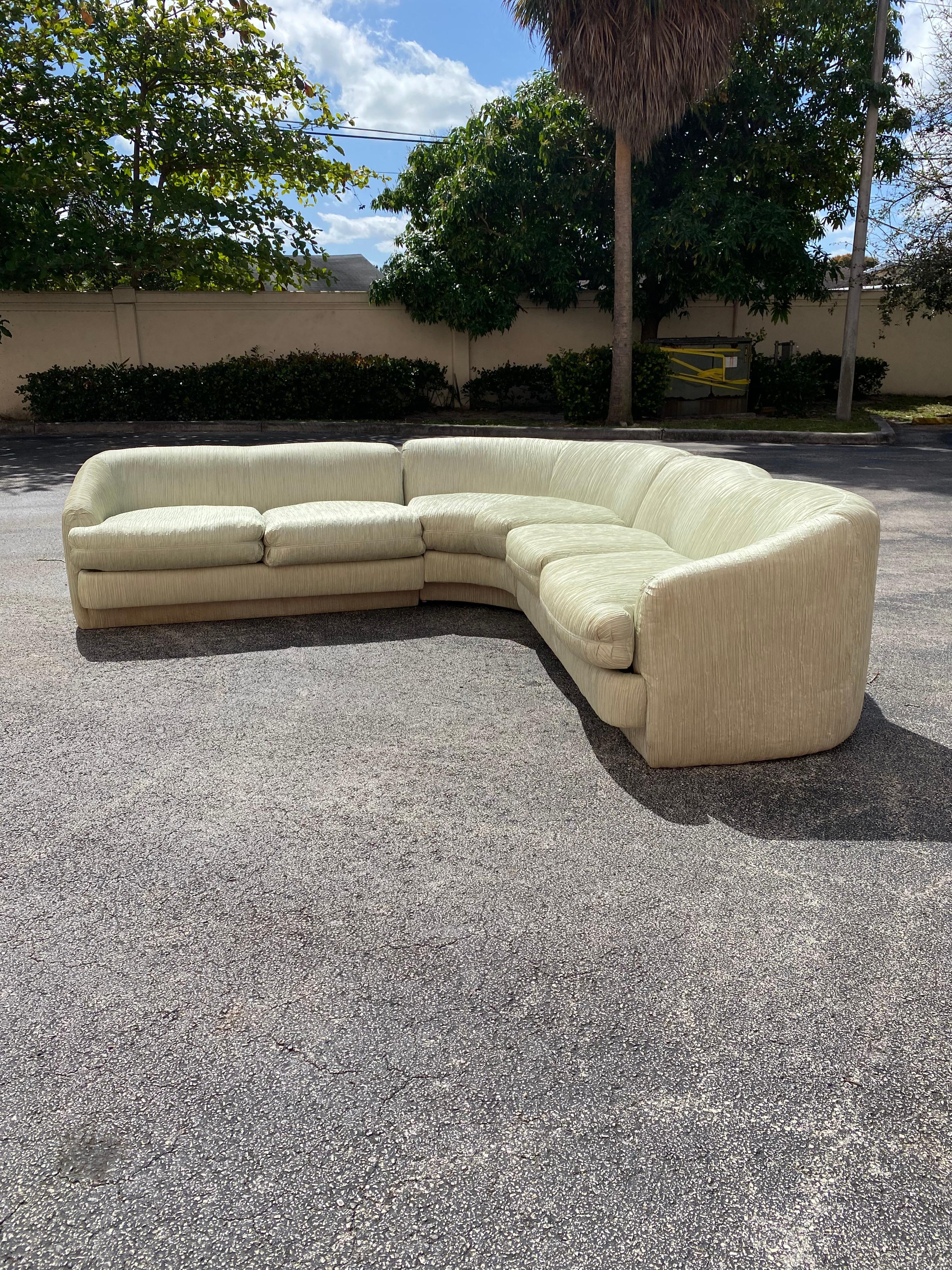 North American 1980s Weiman Curved Sculptural Pleated Mint Green Sectional For Sale