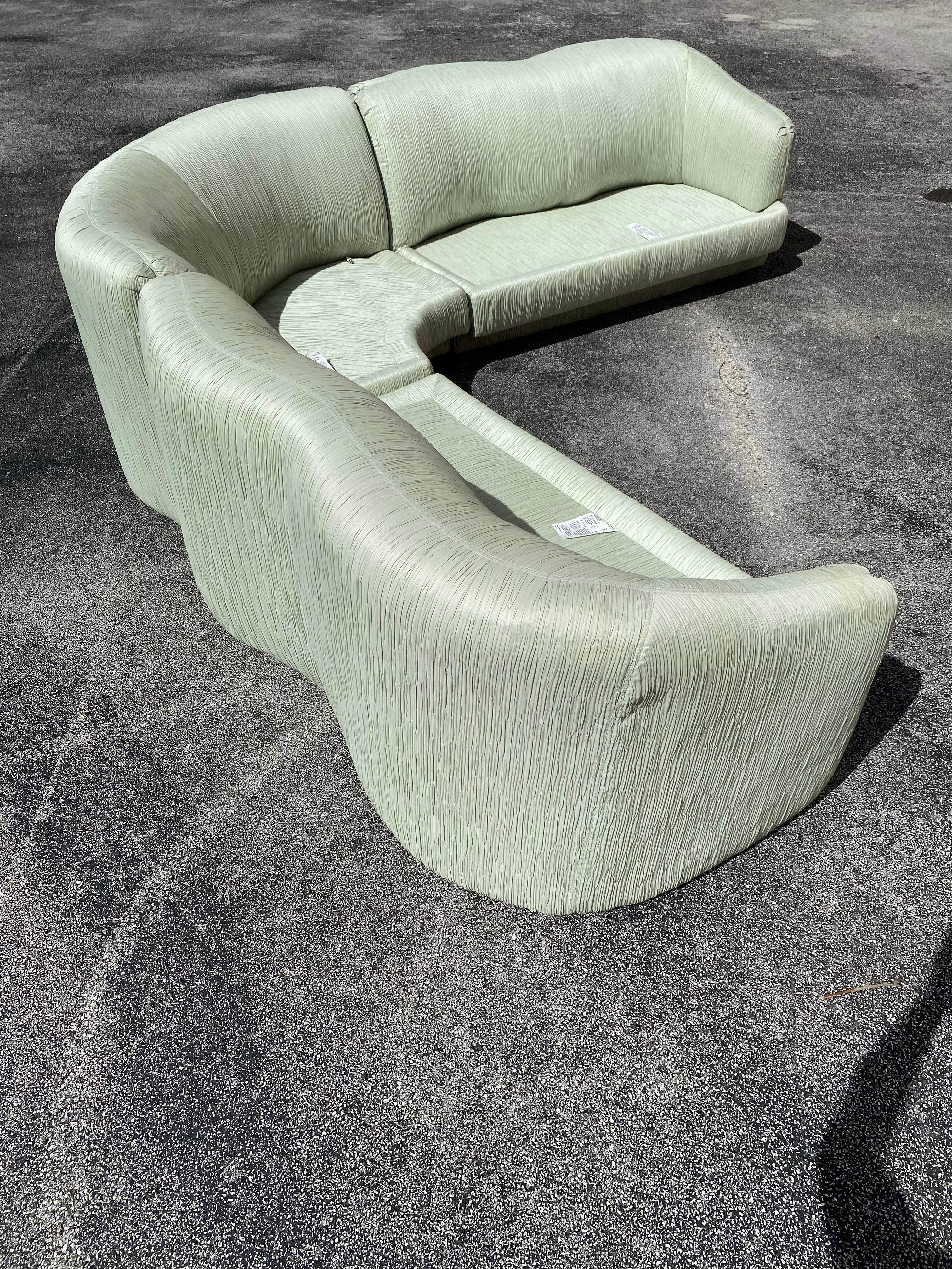 Late 20th Century 1980s Weiman Curved Sculptural Pleated Mint Green Sectional For Sale