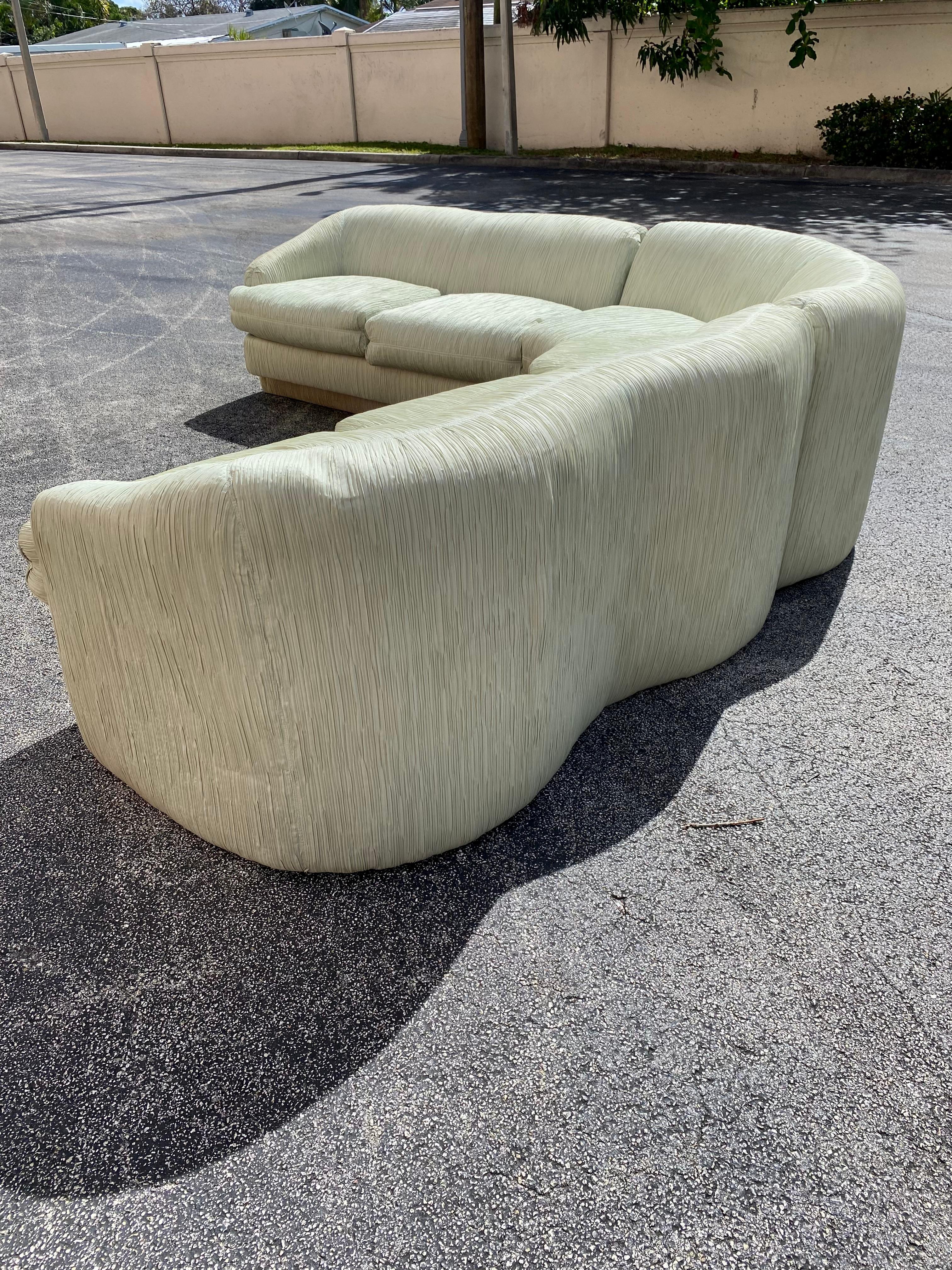 Upholstery 1980s Weiman Curved Sculptural Pleated Mint Green Sectional For Sale