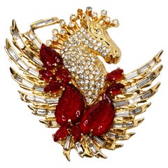 1980s Weinberg New York 14k Gold Plated Rhinestone Pegasus Statement Brooch
