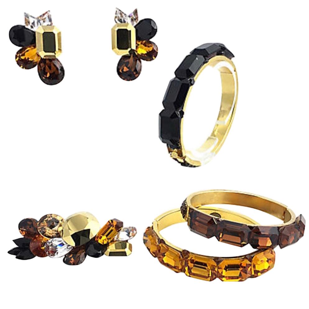 1980s Wendy Gell Yellow, Brown, and Black Bangles, Earrings, Brooch Jewelry Set