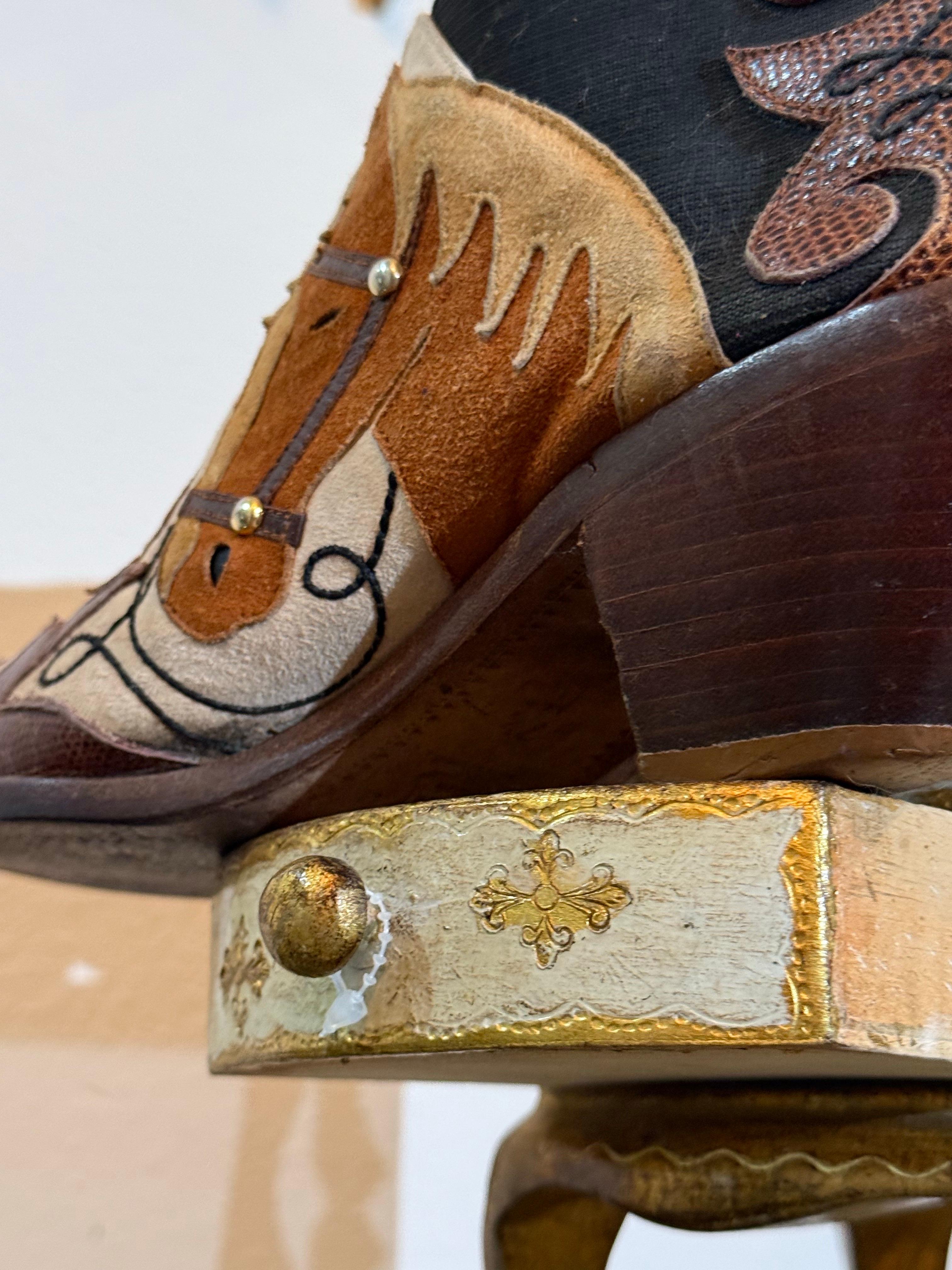 1980er Jahre Western Cowboy Pferd Motiv Stiefelette w Leder Applique Design im Angebot 3