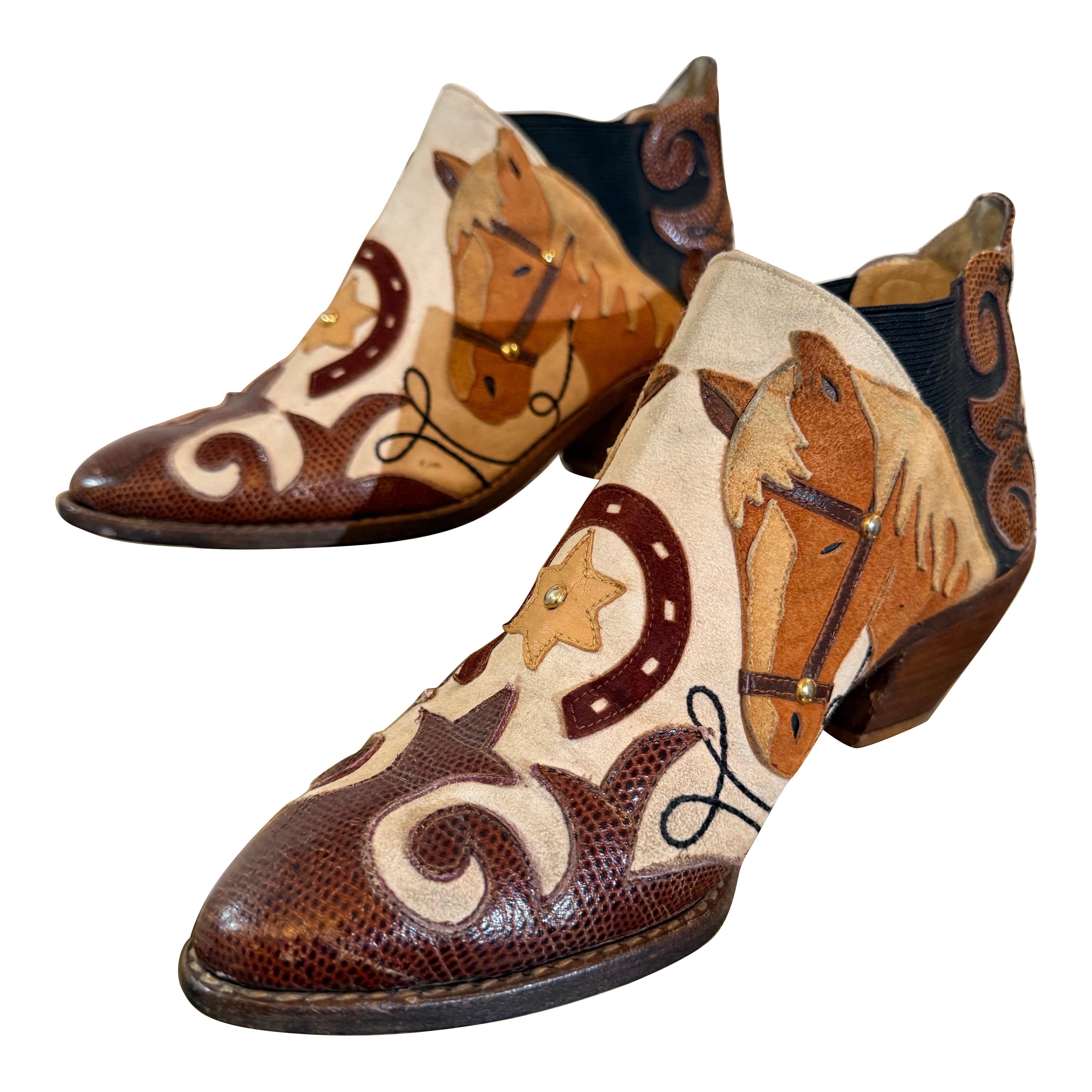 1980er Jahre Western Cowboy Pferd Motiv Stiefelette w Leder Applique Design im Angebot