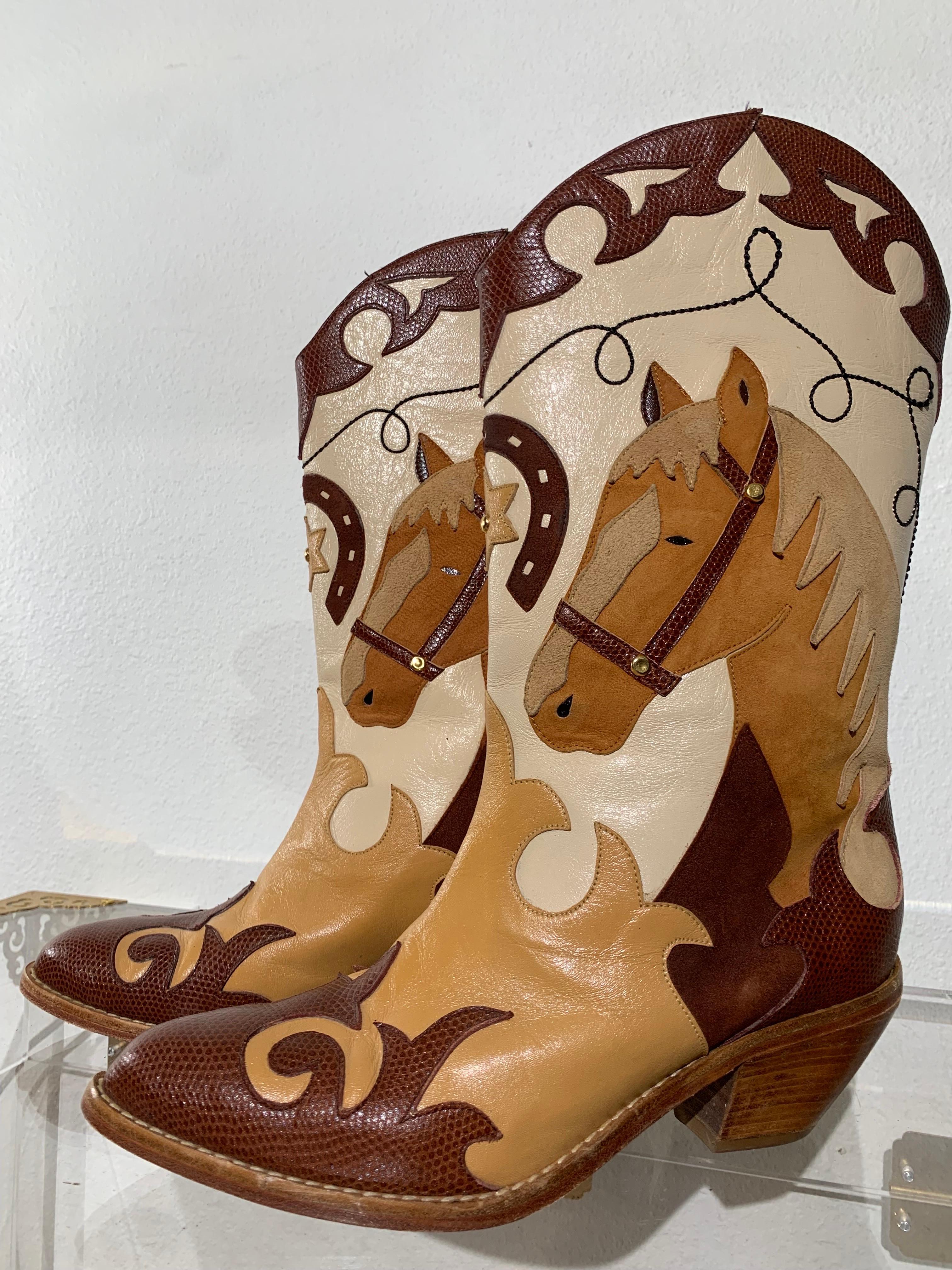 1980s Western Cowboy Horse Motif Short Boots w Leather Applique Design:  Zalo label cowboy boots with a fabulously detailed horse image on side. Pointed toe, 
Cuban-heel, mid-calf length boots in shades of brown and cream with top stitching and gold