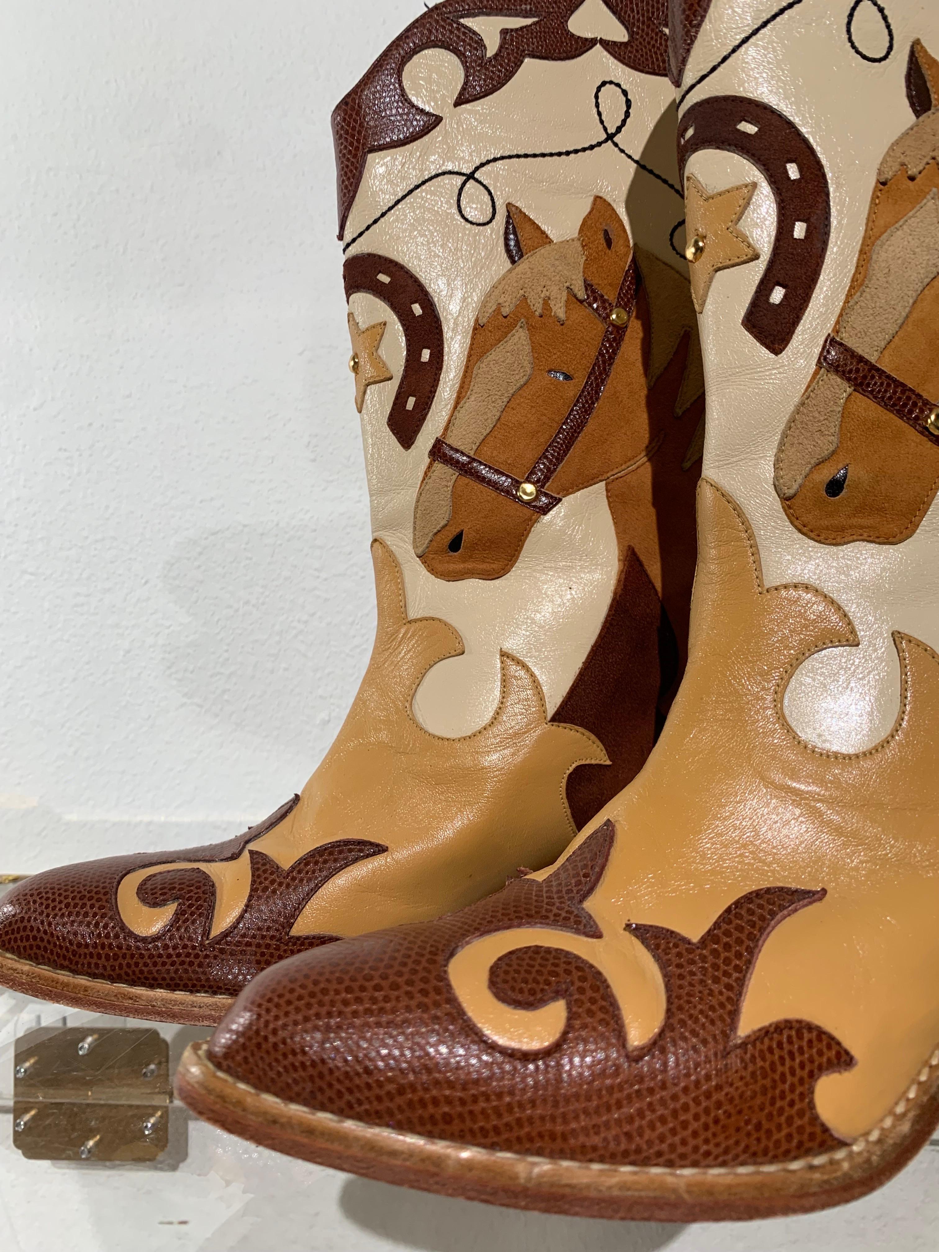 Women's 1980s Western Cowboy Horse Motif Short Boots w Leather Applique Design For Sale